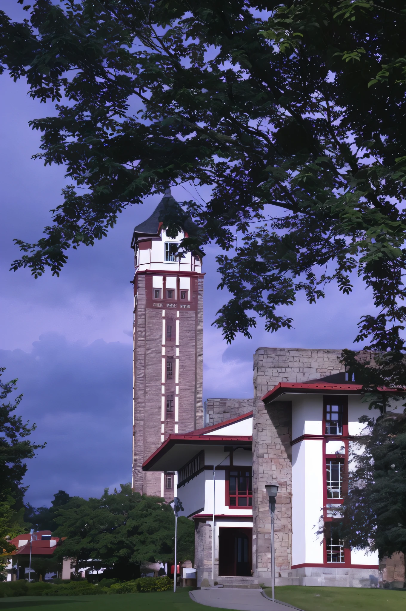 There is a bell tower on one side of the building, the clock tower, the clock tower, Tower, At dusk!, visto ao longe, look from down, Cornell, arhitectural shot, Side view from a distance, seen from the side, View from below, view from ground, random detail, College, coloured photo, shot from a far distance, shot from afar