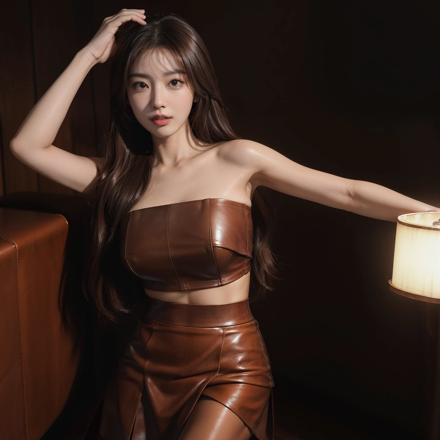masutepiece,A hyper-realistic,32K,the Extremely Detailed CG Unity 8K Wallpapers, Best Quality,Gorgeous Korean Woman,((Brown Leather Tube Top)),((Colorful long hair)),gal make,Mouth open,(((Wearing a long brown leather skirt))),In a bright bar,(bottom shot),(Cheers),Open,Champagne glass in hand,ssmile