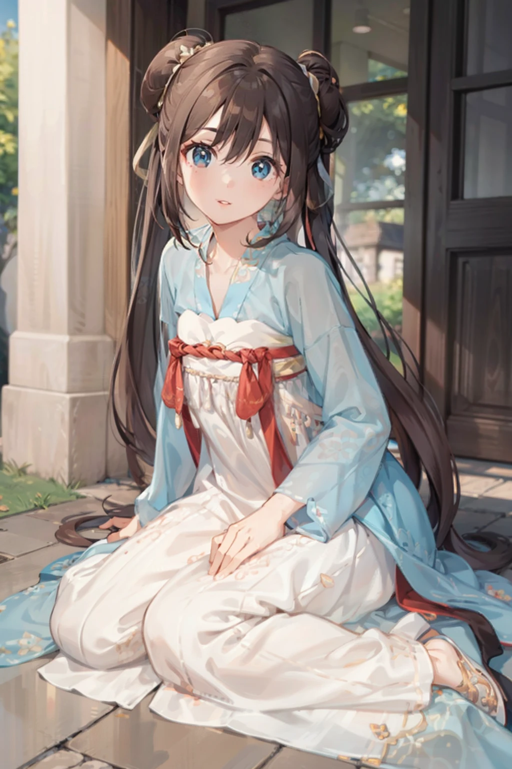 ro1, hair bun, twintails, long hair, blue eyes:1.5, hanfu, tang style, full body, sitting on ground, perfect eyes:1.2, detailed eyes:1.4, Ultra-realistic 8K CG, masterpiece, ((ultra-detailed background, delicate pattern, intricate details)), best quality, intricate details, 1girl, solo, (masterpiece:1.6, best quality)