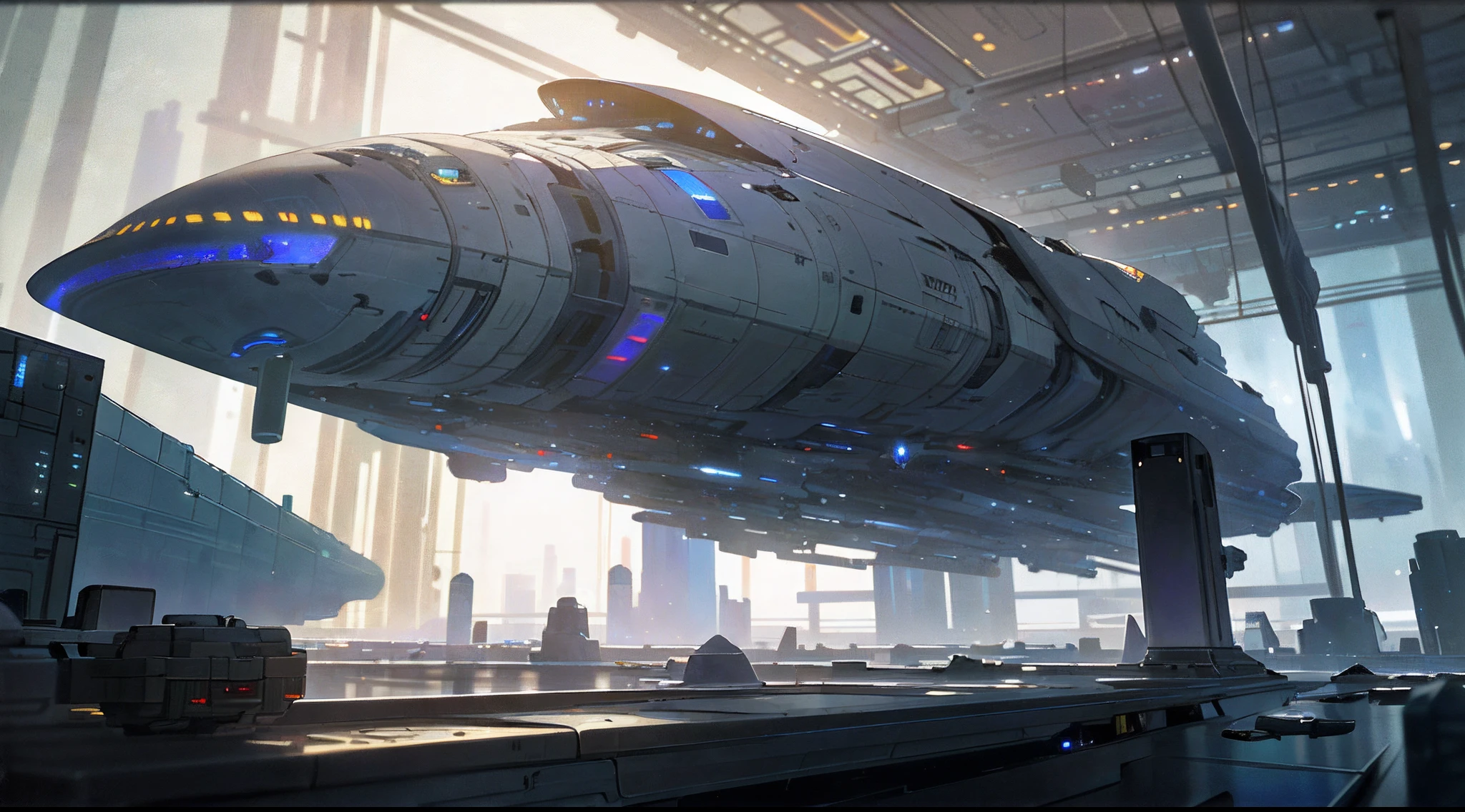 (((8k, foto RAW, melhor qualidade, obra-prima mattepainting inspirada no artista de matte albert withlock:1.4))), ultra high-resolution, ultra-detalhado, illustration, An astonaut waking up in his spaceship looking into infinite space behind a tall window on the side of the ship and in the foreground of the scene, This is a sci-fi environment,apenas, fiction sci-fi scene, add some small objects up in the table in the room in the back of a astronaut a wall of a spaceship like H.G.Giger drawn, constructions and many bottons and windowns in the spaceship, futuro, imaginando, matte painting of the scene in high resolution and colors of a universe , a spaceship floating in the universe