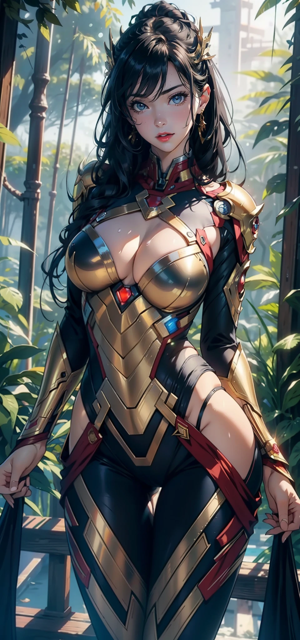 1womanl,36 years old,熟妇,mature,Bigchest,Big breasts Thin waist,long leges,Raised sexy,Pornographic exposure, standing on your feet(Background with:bamboo forrest,at winter season,Snow on the ground,NOWAI) She has short black hair,dynamicposes,Sweat profusely,drenched all over the body,seen from the front, hair straight, mostly cloudy sky,(((tmasterpiece),(Very detailed CG unity 8K wallpaper),best qualtiy,cinmatic lighting,detailed back ground,beatiful detailed eyes,Bright pupils,(Very fine and beautiful),(Beautiful and detailed eye description),Black eyes,Redlip,ultra - detailed,tmasterpiece,)),facing at camera,(The upper part of the body),A high resolution,ultra - detailed),revealing breasts,Bare genitalia, Bulge,legs are open,sexyposture,Camel toes,Flushed complexion,Open-mouthed,frontage,Gold Saint Seiya,Lotus hair ornaments,(Wearing:Blue jumpsuit,Armour,Gold wire embroidery,Iron Man uniform)