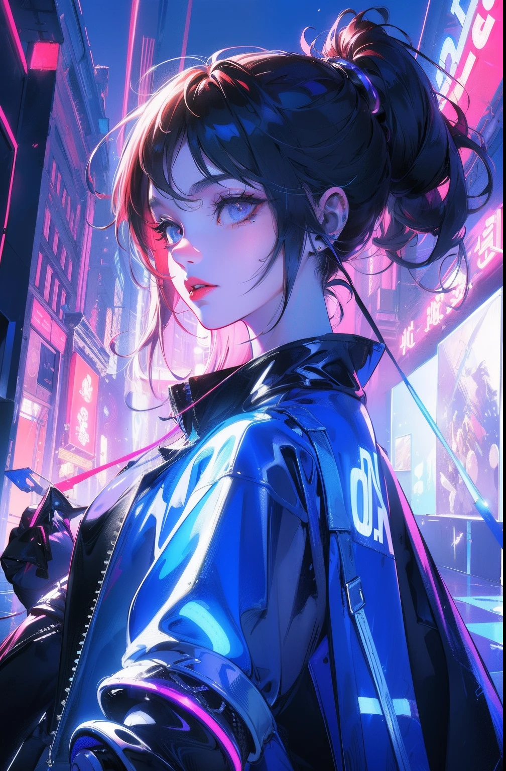 (Masterpiece, Top quality, Best quality, offcial art, Beautiful and aesthetic:1.2),(Blue-violet Neon Lighting), (Vibrant glow), Dynamic colors, Striking contrast, futuristic vibe, electric energy,shiny reflective surfaces,(Cityscape:1.3),8K,offical wallpaper, 最好质量,It's best to draw style