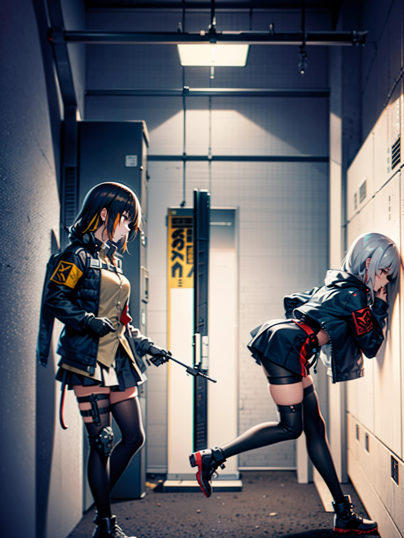 1 girl, M16, submachine gun, walkie-talkieshooting, in the dark warehouse, black clothes, special operations, special force, cinematic action, dynamic