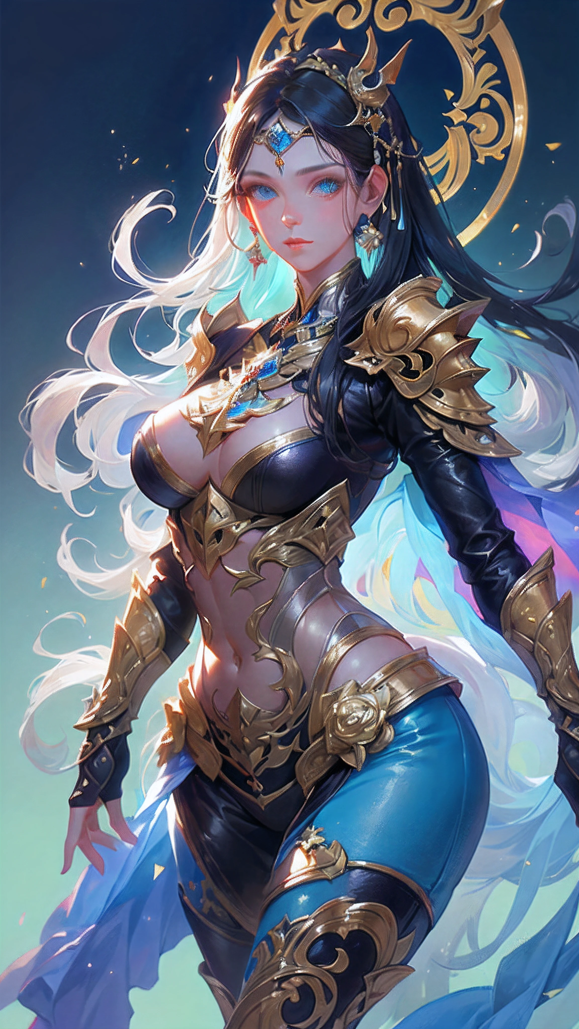 1girl, depth of field, official art, unity 8k wallpaper, ultra detailed, illustration, beautiful and aesthetic, masterpiece, best quality, knight, (big breasts), (milf, mature female), (black armor, armor, breastplate), beautiful face, (long hair, black hair, very straight hair:1.4, hime cut:1.4), blue eyes, cowboy shot, glowing skin, back lighting, athletic figure, muscular female, curvy, wide hips, colorful, looking at viewer, Hyperrealistic, gradient background, dark background, outline, fantasy, from the front, watercolor, traditional media, (chromatic aberration, intricate details)