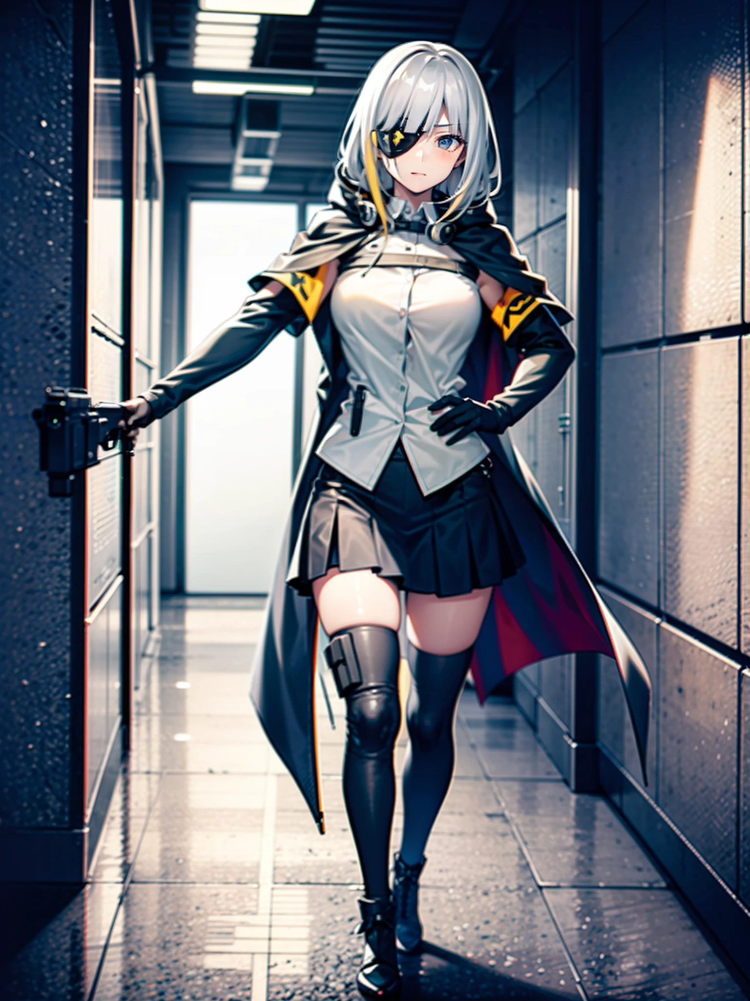 1 girl, AK-74M, submachine gun, walkie-talkieshooting, in the dark warehouse, black clothes, special operations, special force, cinematic action, dynamic