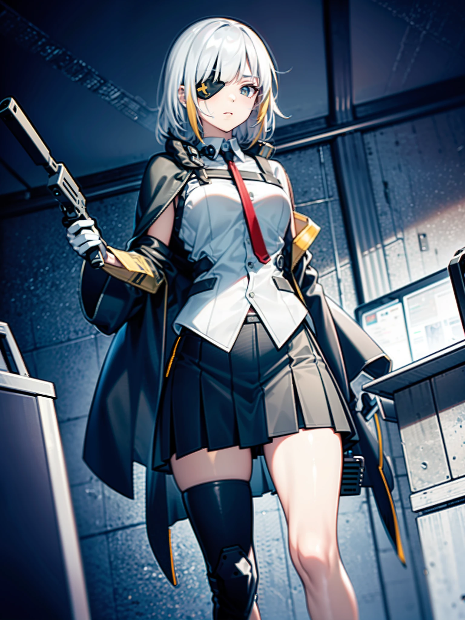 1 girl, AK-74M, submachine gun, walkie-talkieshooting, in the dark warehouse, black clothes, special operations, special force, cinematic action, dynamic
