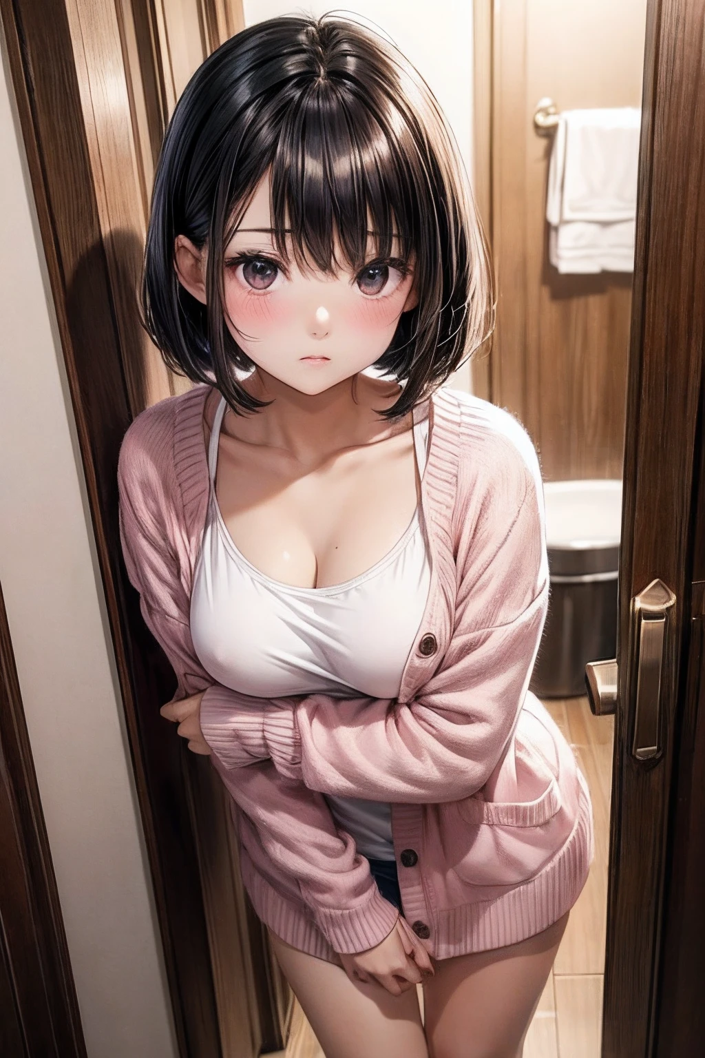 top-quality,ultra-detailliert,masterpiece,realisitic,Photo Real,The lights are dim,SFW、1 girl in, Very young girl, (kawaii:1.2),Black eye,A dark-haired,bob cuts,(bangss),perfect glossy skin,flawless skin,big breasts thin waist, Short stature、Look at viewers,Pink cardigan、White underwear、sockes、full of shyness、 natta、Stand in the hallway behind the door