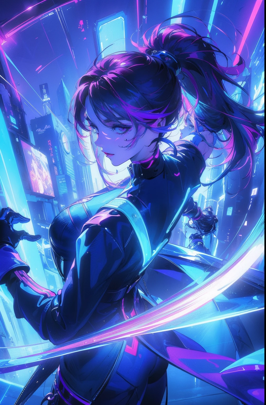 (Masterpiece, Top quality, Best quality, offcial art, Beautiful and aesthetic:1.2),(Blue-violet Neon Lighting), (Vibrant glow), Dynamic colors, Striking contrast, futuristic vibe, electric energy,shiny reflective surfaces,(Cityscape:1.3),8K,offical wallpaper, 最好质量,It's best to draw style,Facing me