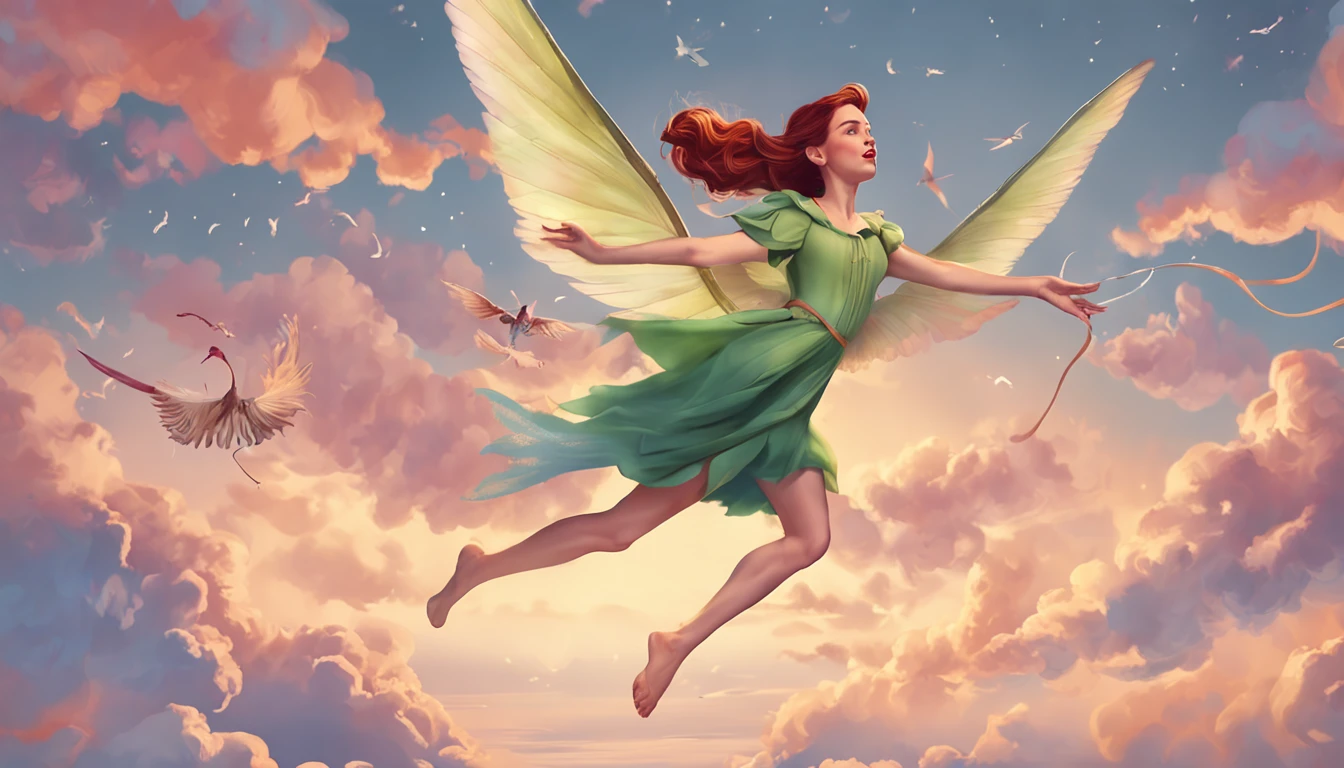 Woman flying like Peter Pan、Pastel sky、Variety of birds、The dragon is flying、Fantastic outfit