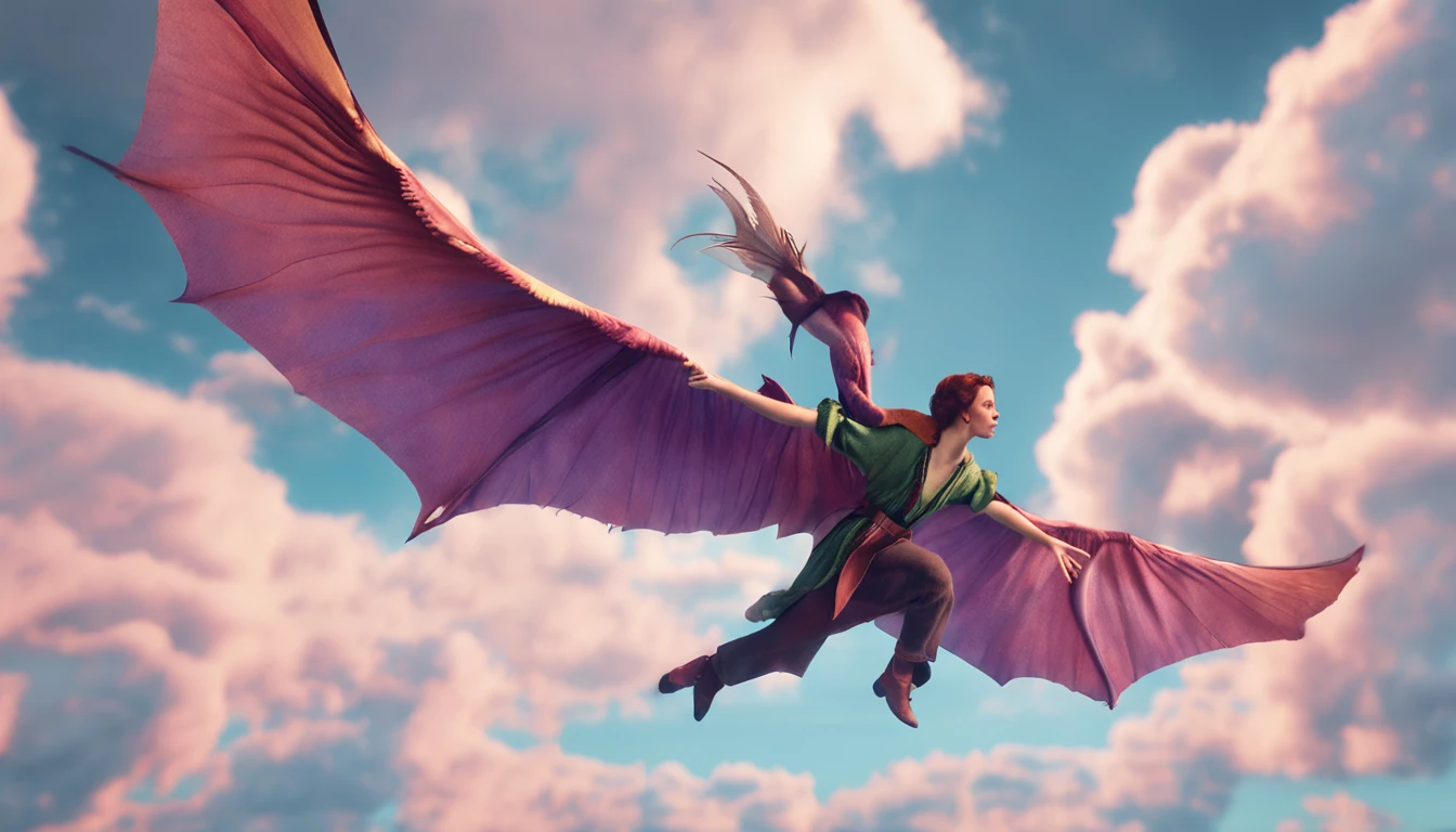 Woman flying like Peter Pan、Pastel sky、Variety of birds、The dragon is flying、Fantastic outfit