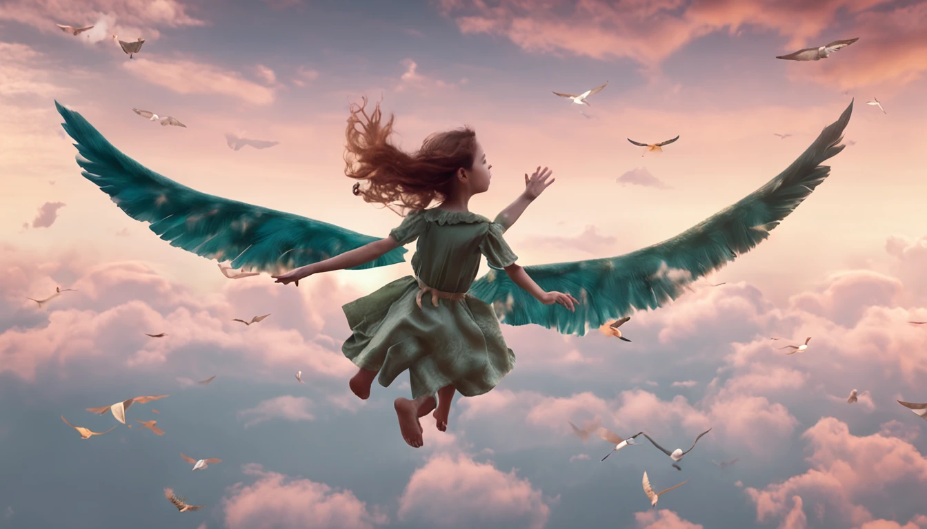 Woman flying like Peter Pan、Pastel sky、Variety of birds、The dragon is flying、Fantastic outfit