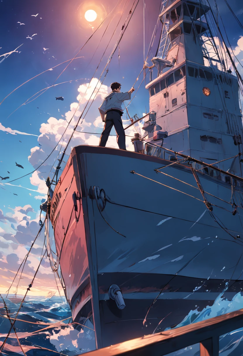 Captain hanging a fishing line at the tip of a warship