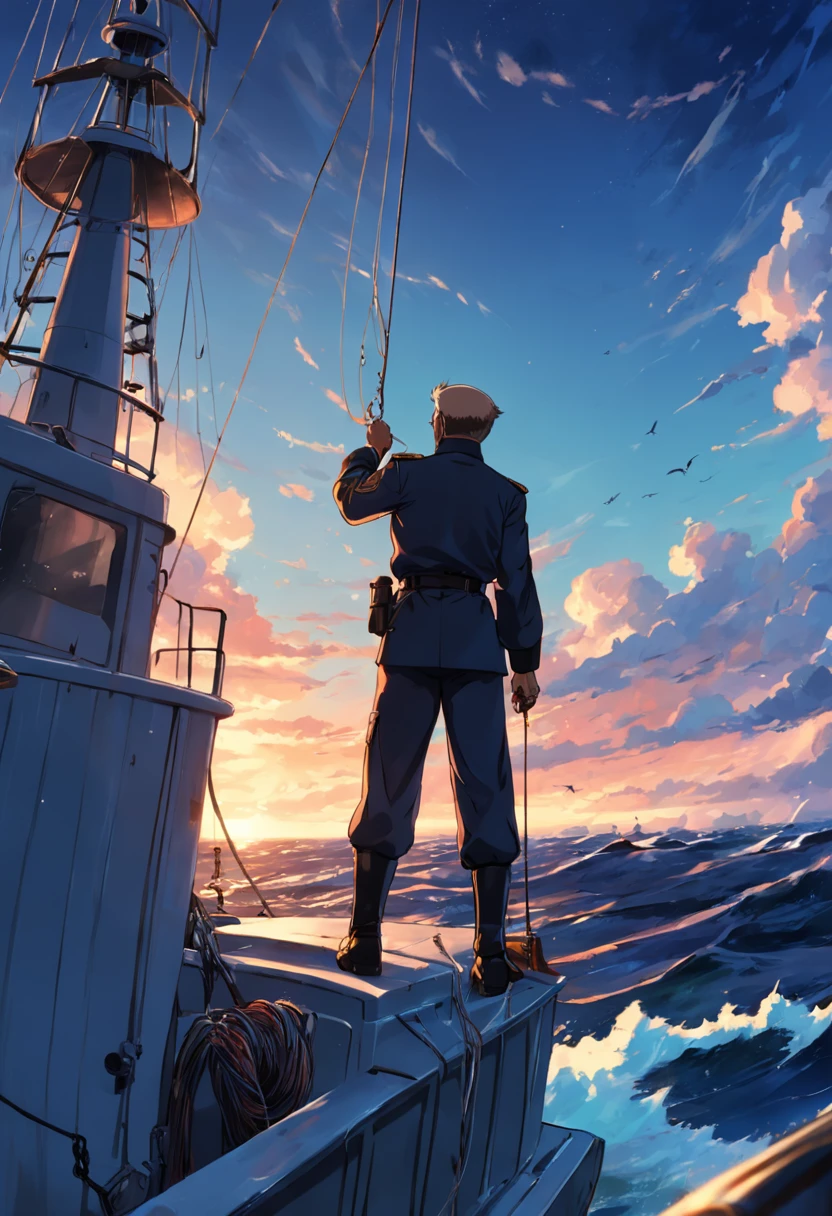 Captain hanging a fishing line at the tip of a warship