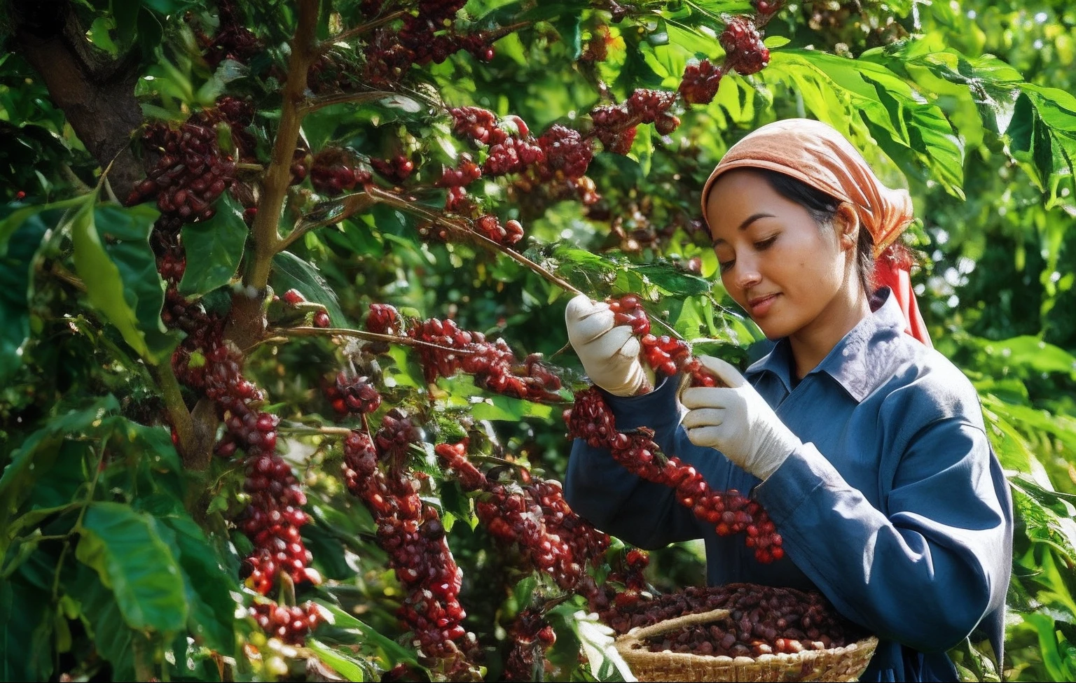 arafed woman picking coffee beans from a tree in a field, vietnam, crisp detail, amongst coffee beans and flowers, stunning image, celebration of coffee products, version 3, vietnamese woman, malaysian, tending on arstation, coffee beans, woman, coffee, f / 1, 278122496, stunning visual, japan harvest