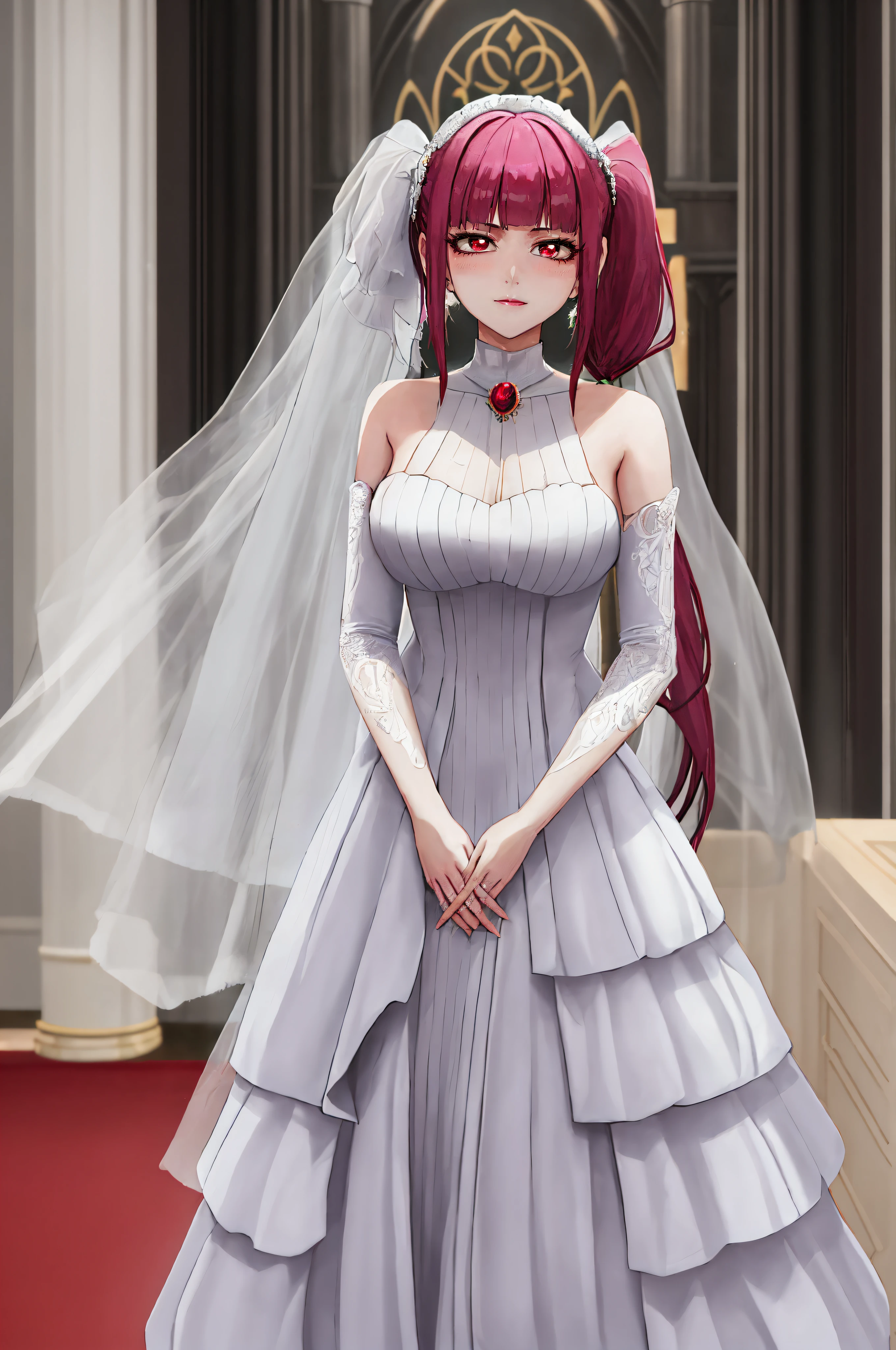 Riruka, a woman in her 20s, with intricately detailed eyes, detailed hands, five fingers on each and, two arms, two hands  with her hair put in twintails, radiating elegance in a stunning modern Wedding dress, standing inside a majestic church, exuding joy in her expression.