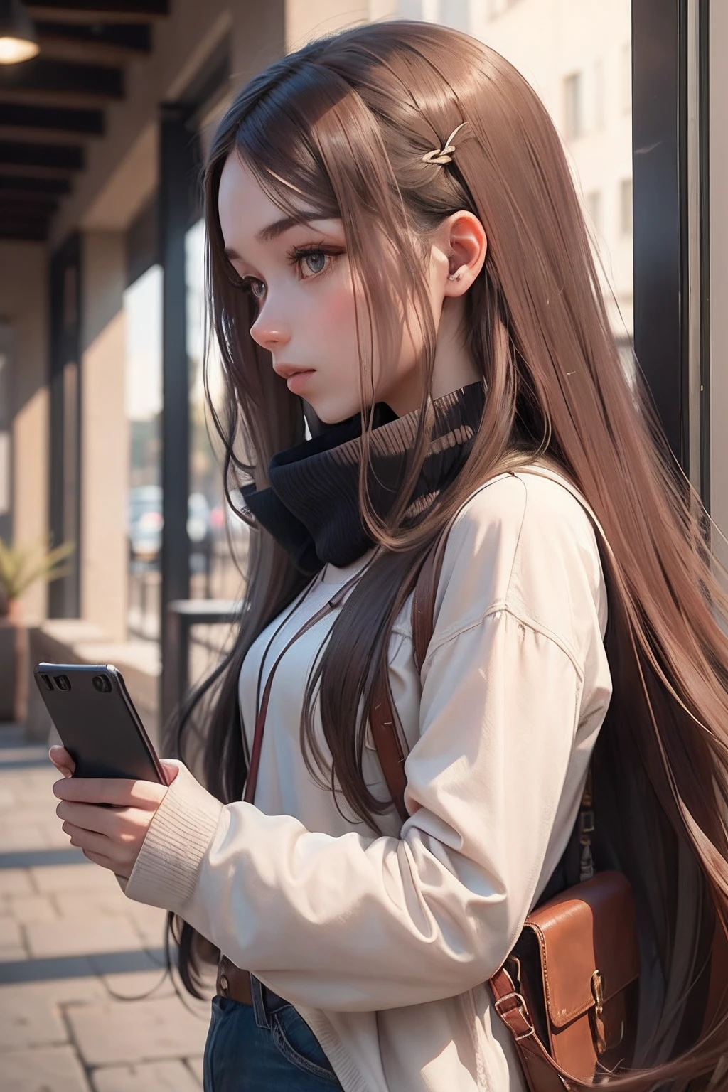 There are women with long hair, 18 years old, profile image,Looking at your smartphone, Long hair, Front photo, with mobile phone, Light brown eyes,