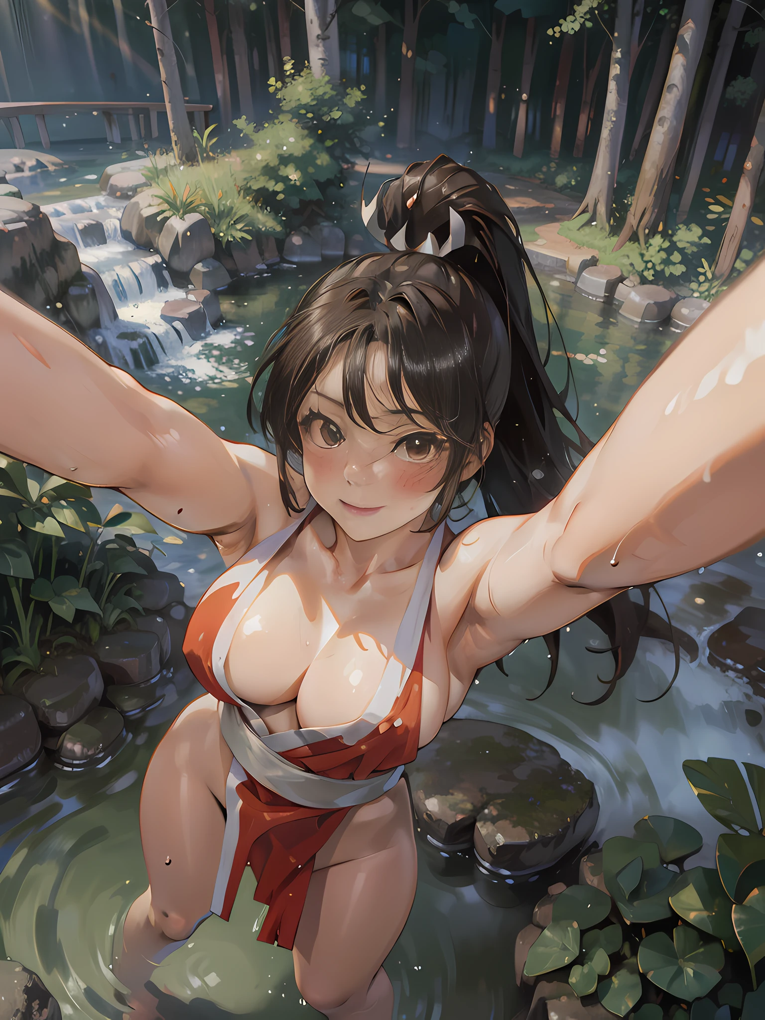 ,((naked))Mai Shiranui,1girl,birch forest,monet color,stream,close shot,huge chest,close shot, large breasts,the whole body,oil painting,((post-impressionist)),(face upward:1.2),Post Impressionist,Droplets,well,soft lighting,COOL,full-face blush, heavy breathing, wavy mouth,huge smile,focus on breast, (from above:1.5), (selfie:1.5),