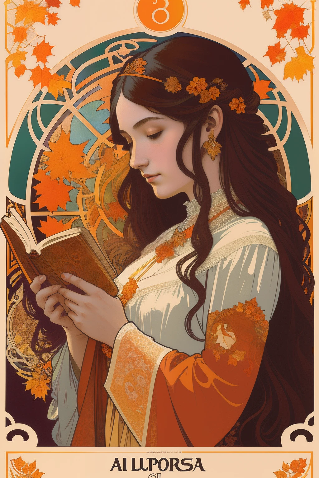 full color illustration、in the style of Art Nouveau，Tarot card style，Unique tarot card frame，Blend elements of autumn and autumn leaves，goddes，Woman reading a book、Long hair、profile、by the window　autumnal　Colored leaves、Alphonse Mucha、Poster close-up、Poster of a woman dressed in Western elements、Modern Art Nouveau、Mucha style illustration、printed、Alphonse Mucha style、orange colors