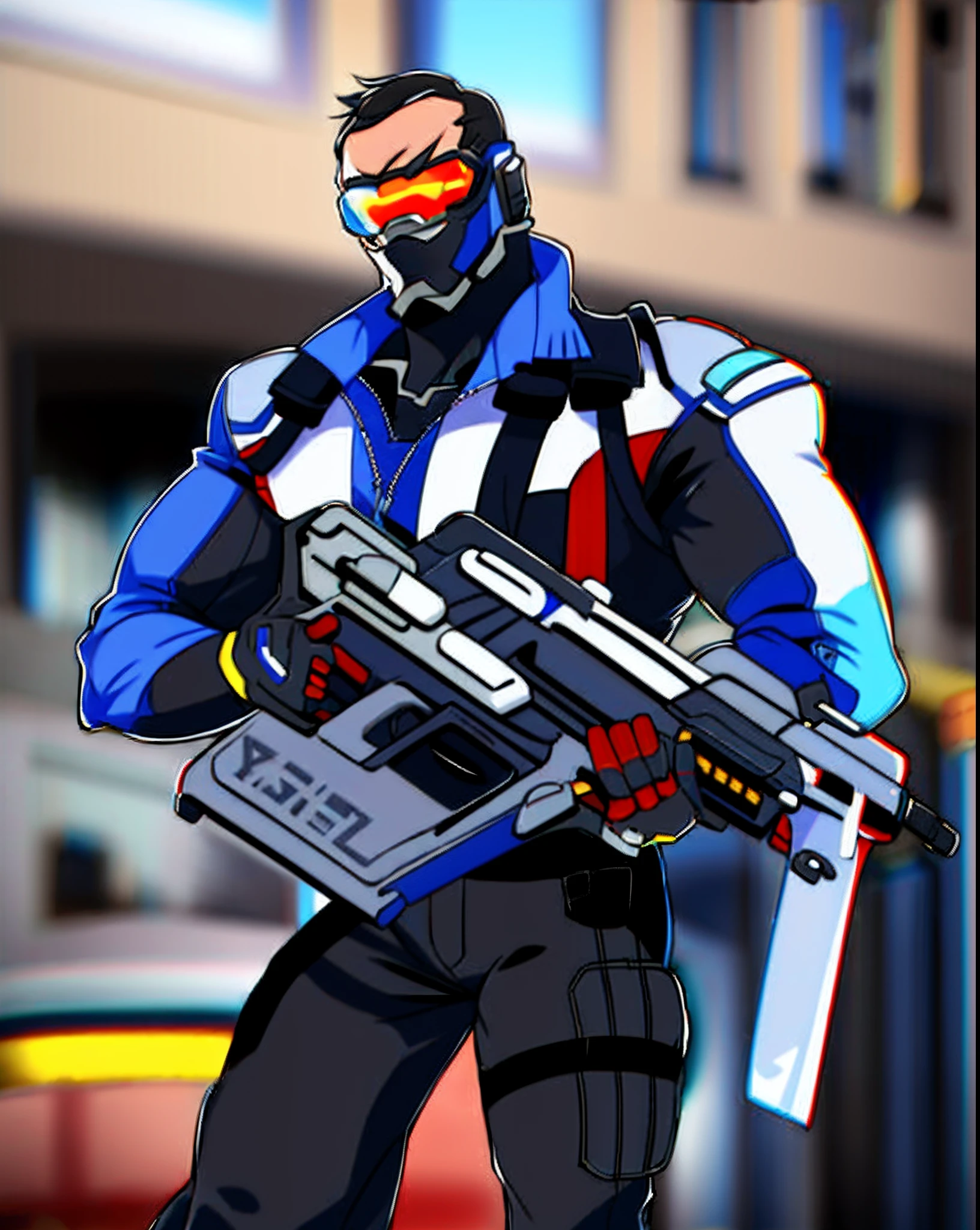 overwatch, a man holding a gun and wearing a helmet and glasses, best quality, solo, male focus, m4 carbine