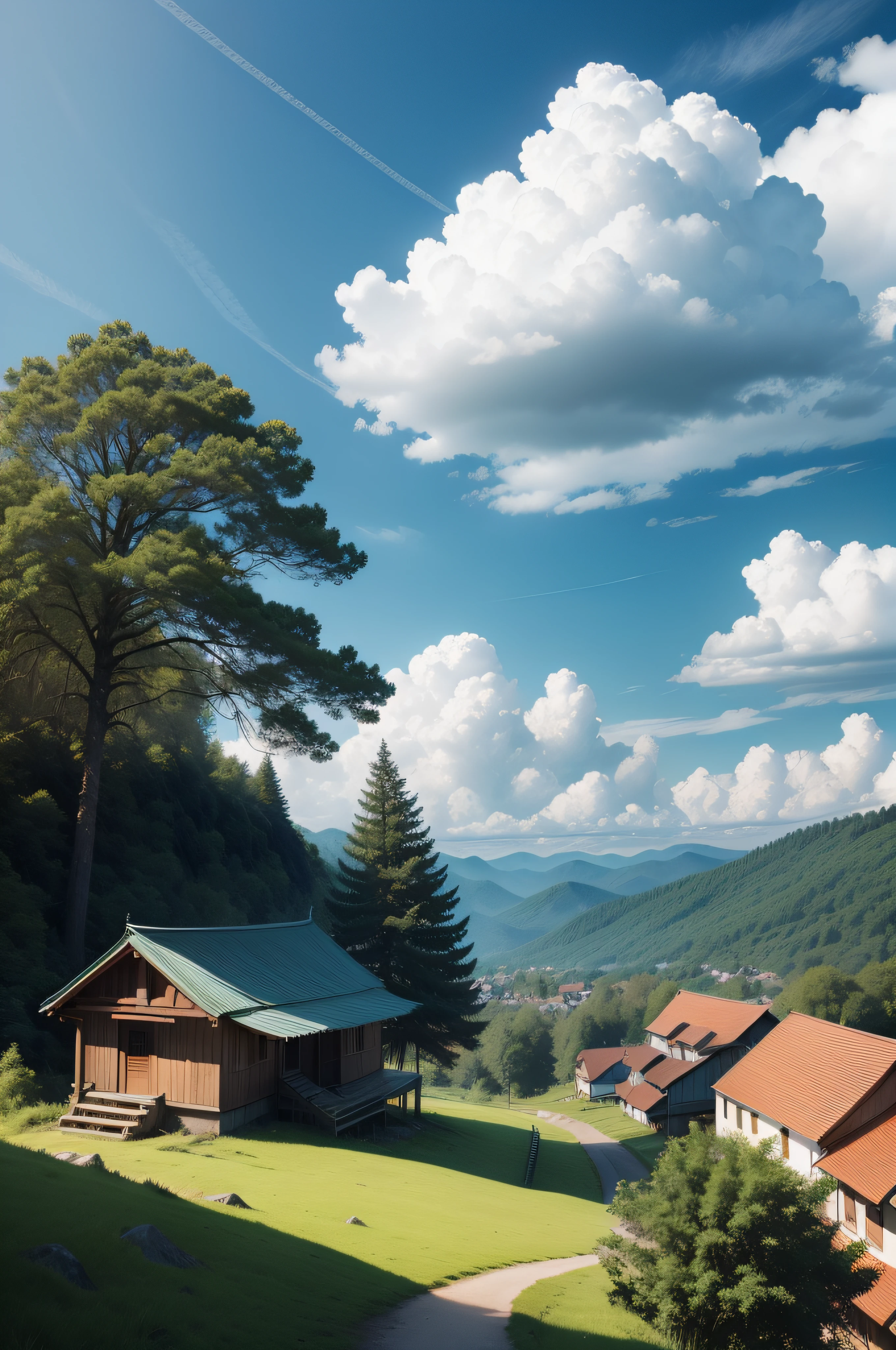 scenery, forest, village, well, sky, clouds