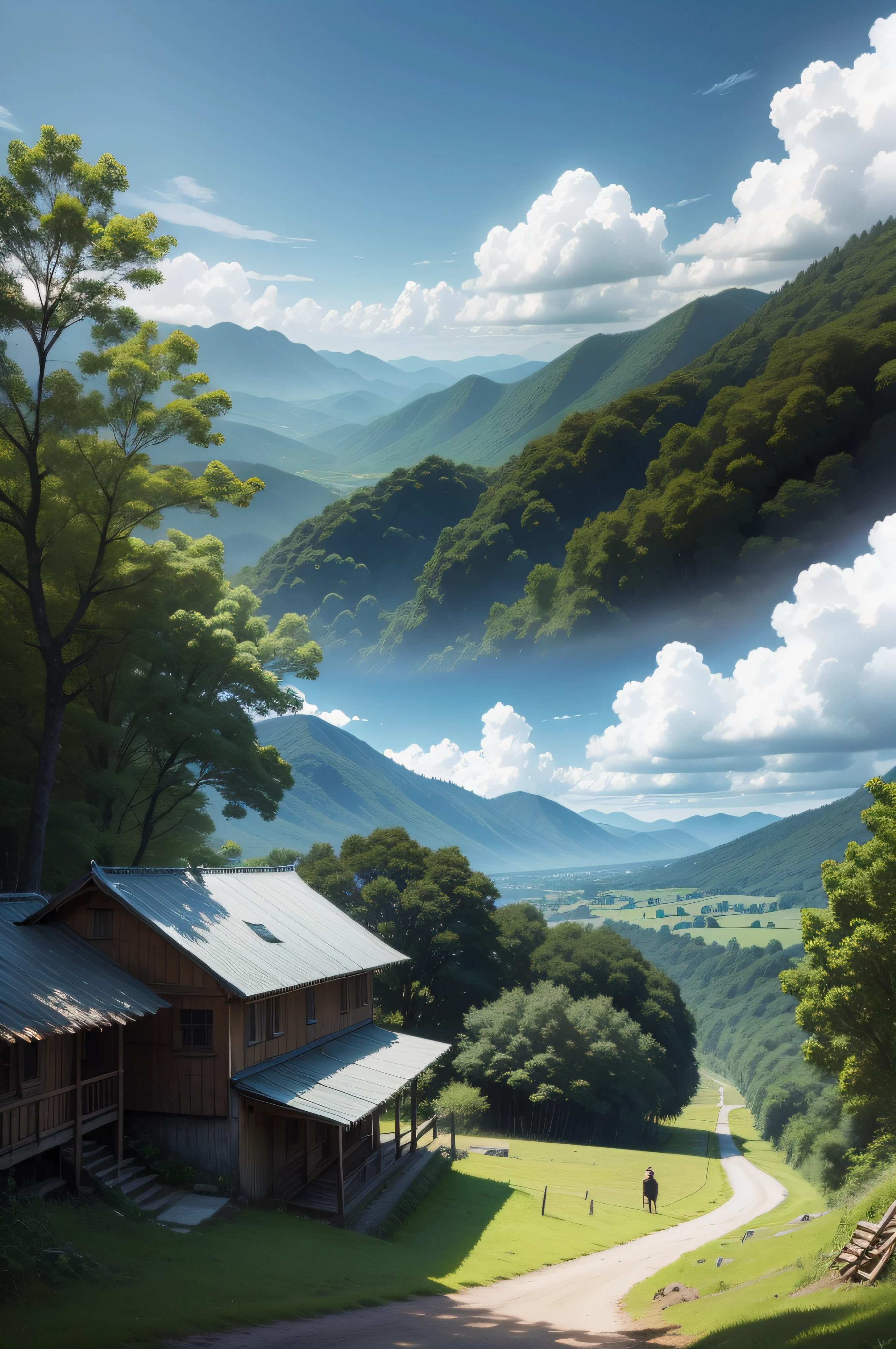 scenery, forest, village, well, sky, clouds
