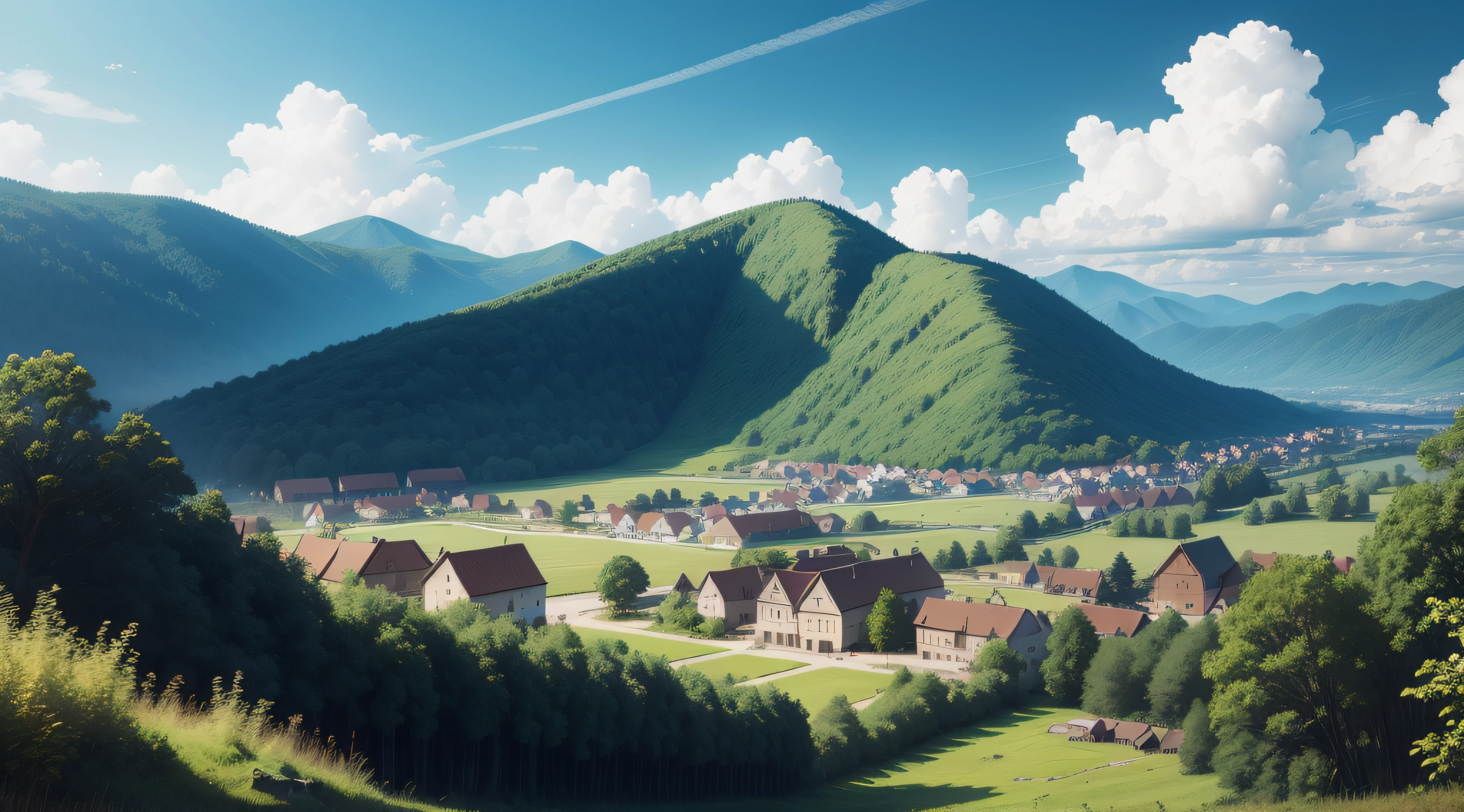 scenery, forest, village, well, sky, clouds