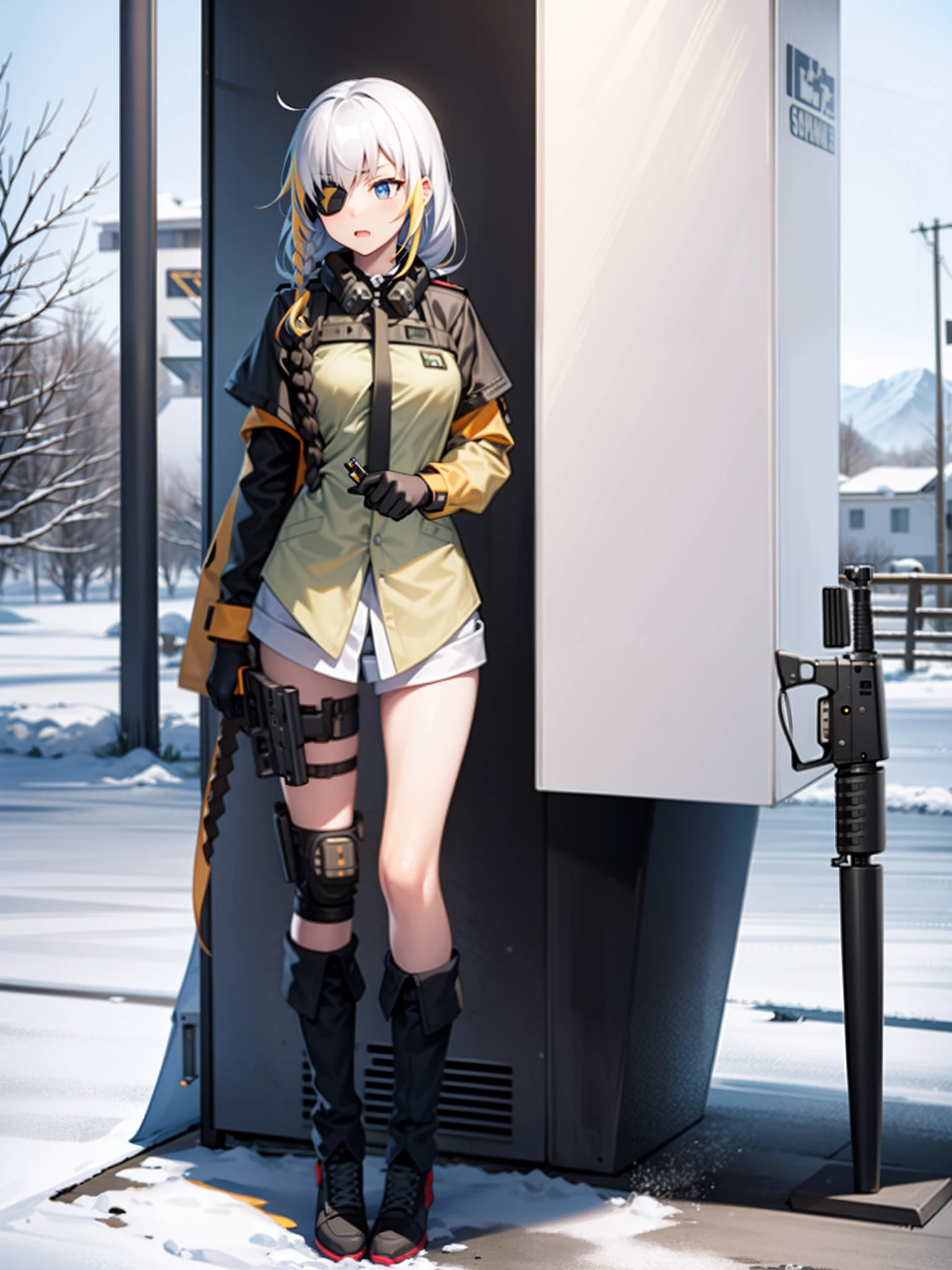 gun girl, special force, special operation, aiming at the enemy, assault rifle, white clothes, snow mountain, full body, background helicopter