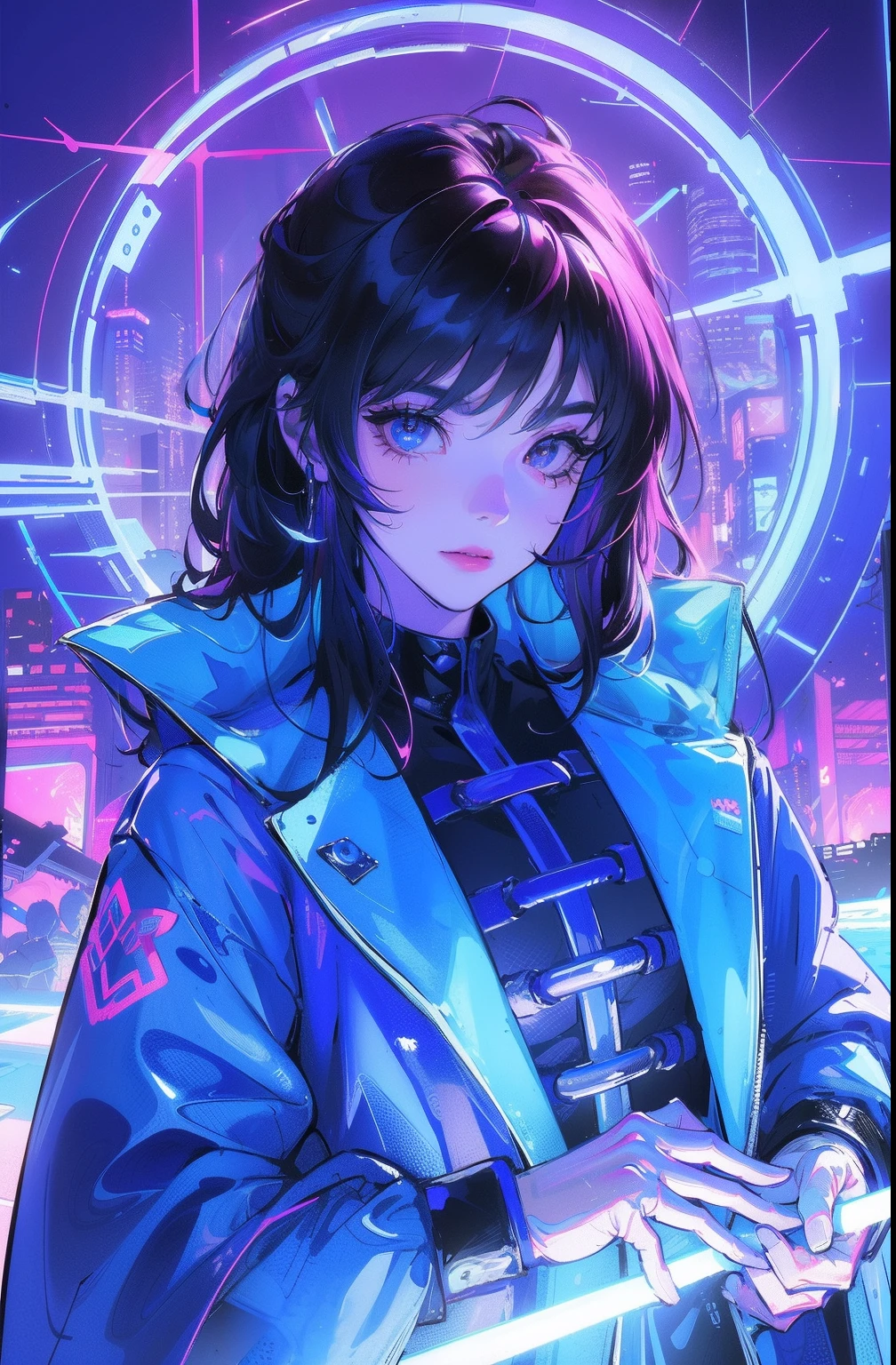 Facing the audience，(Masterpiece, Top quality, Best quality, offcial art, Beautiful and aesthetic:1.2),(Blue-violet Neon Lighting), (Vibrant glow), Dynamic colors, Striking contrast, futuristic vibe, electric energy,shiny reflective surfaces,(Cityscape:1.3),8K,offical wallpaper, 最好质量，It's best to draw style，