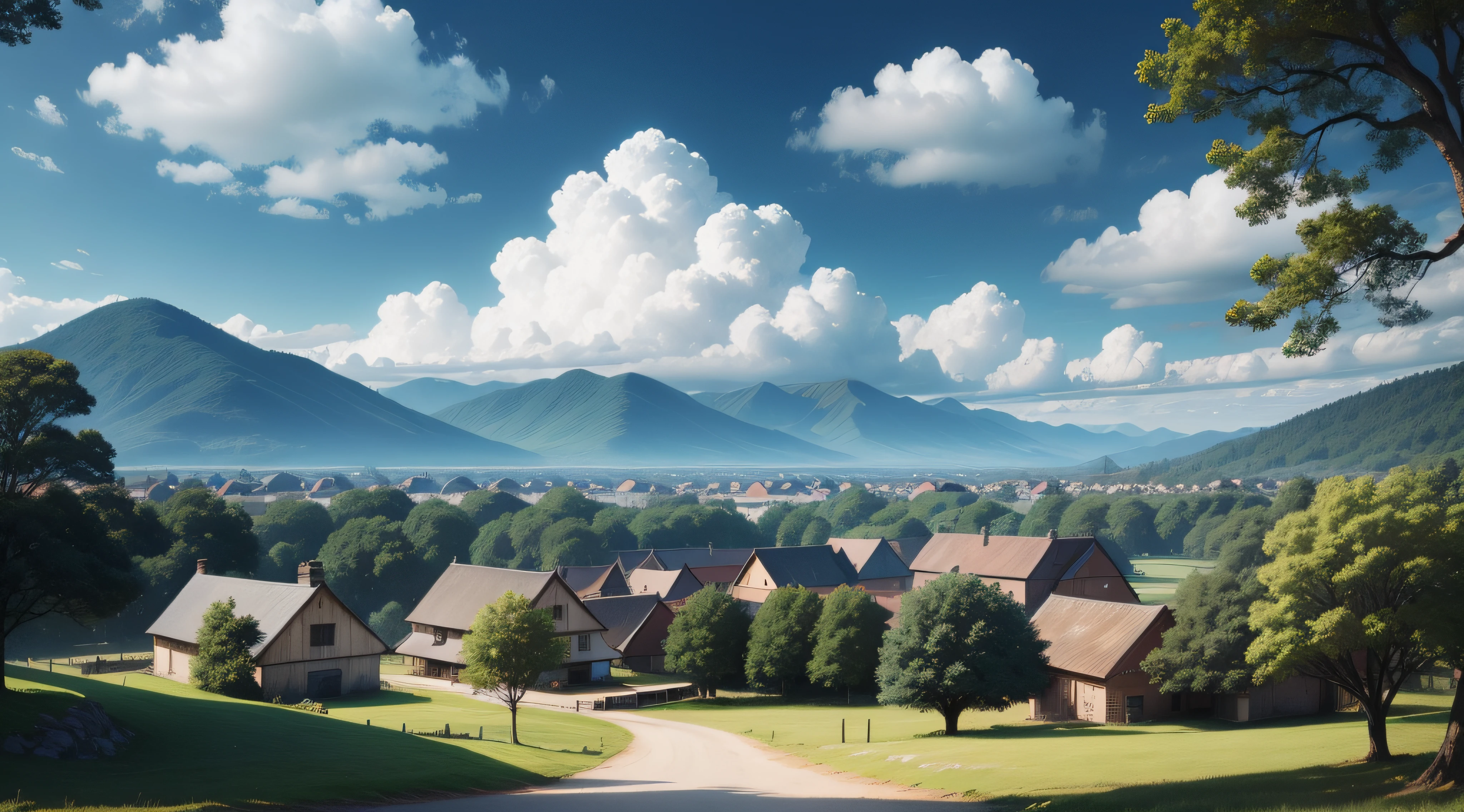 Small city, big lake, rural industry, mountain in background, daytime