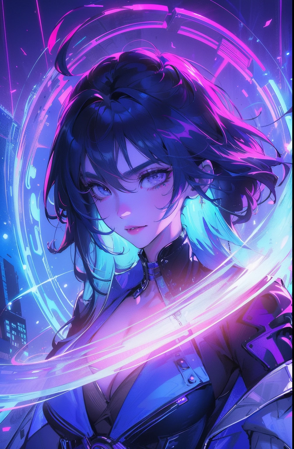Facing the audience,(Masterpiece, Top quality, Best quality, offcial art, Beautiful and aesthetic:1.2),(Blue-violet Neon Lighting), (Vibrant glow), Dynamic colors, Striking contrast, futuristic vibe, electric energy,shiny reflective surfaces,(Cityscape:1.3),8K,offical wallpaper, 最好质量,It's best to draw style,