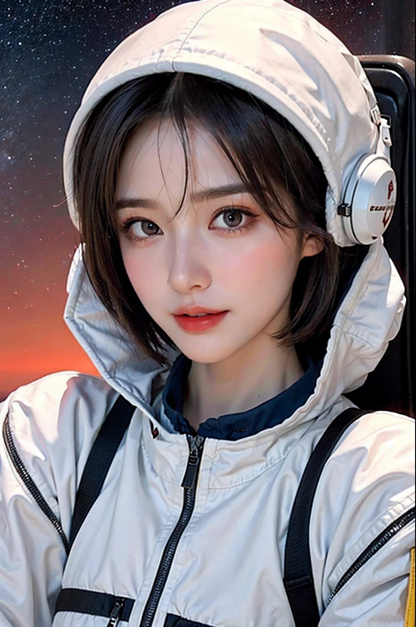 top-quality、​masterpiece、超A high resolution、(realisitic:1.4)、１femele、Beautiful detail eyes and skin、ssmile、Light brown short-cut hair、Petite bust、The perfect spacesuit、Desolate planets、Red sky、