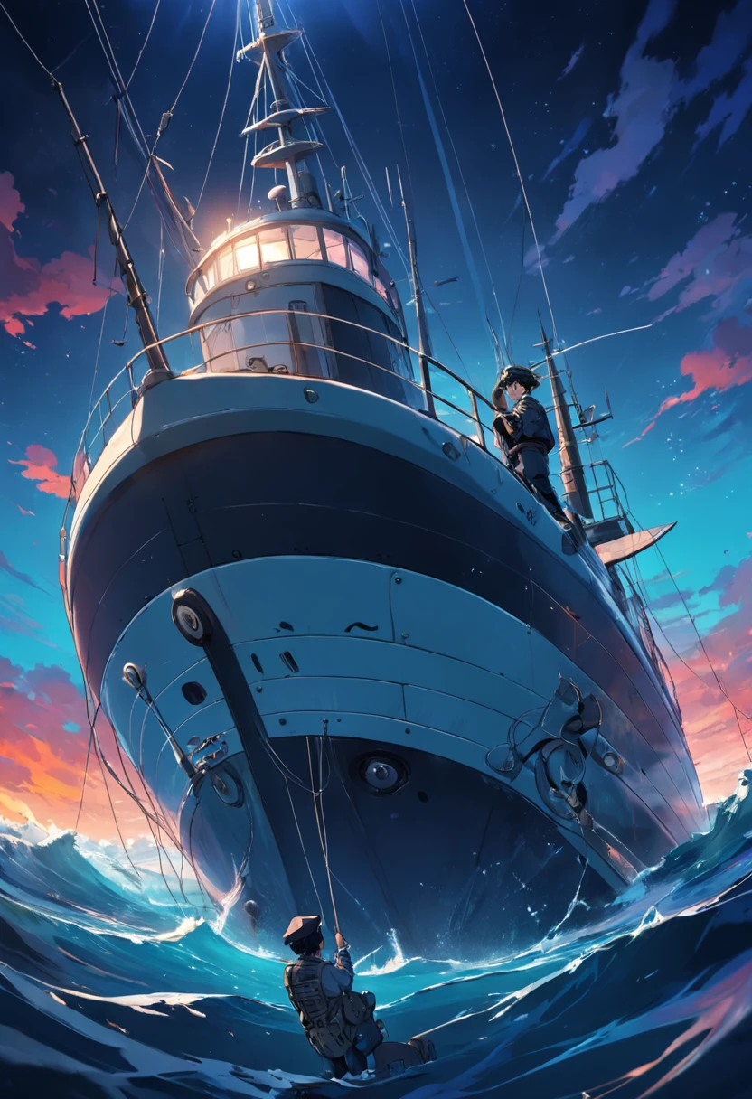 Captain hanging a fishing line at the tip of a submarine