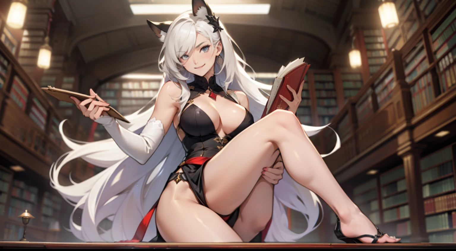 one-girl，long whitr hair，Pronounced cleavage，Side back，Delicate face，Perfect body proportion， big breasts thin waist，slender leg，Milky skin，With a smile，inside a library
