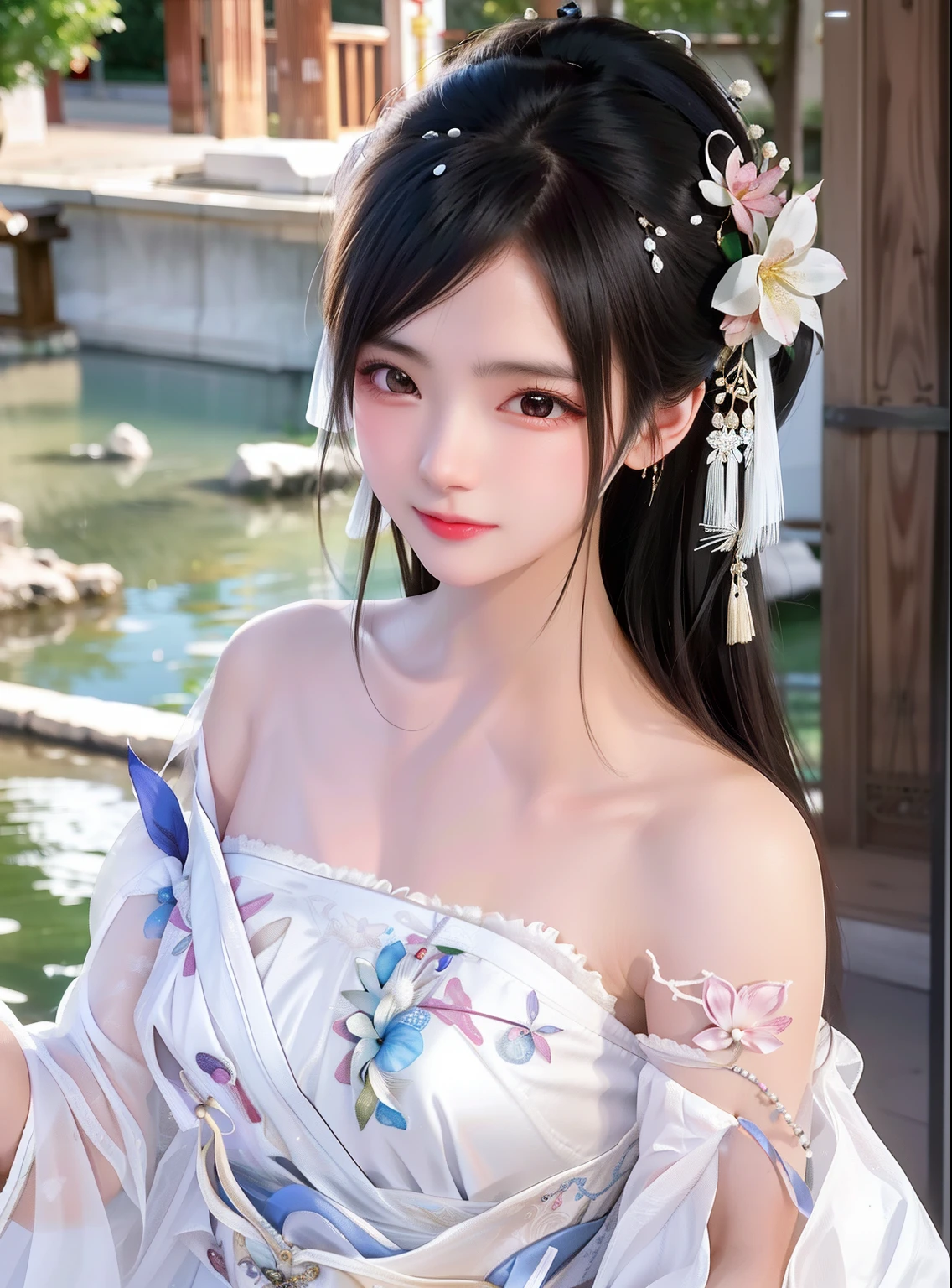 teen girl 14 yeard old open V-chested clothes royal, Wet body of thin silk fabric, Thin silk lace dress, (huge ，cleavage),, white pink, blue ，best qualtiy，tmasterpiece，超高分辨率，（真实感：1.4），RAW photogr，（True skin texture：1.3），（filmgrain：1.3），（Selfie angle），1个Giant Breast Girl，Beautiful eye and face details，tmasterpiece，Best quality at best，，The chest more exposed， detailed hair, bra pink , detail 8k, upper body,, 8K, very high image quality, film texture, realistic, eating Japanese food, Japanese background, depth of field, tatami room, warm lighting, bow on chest, bangs, long hair over the shoulder, (playful eyes), double eyelids, deepening of the tail of the eyes, lying silkworm, bracelet on the wrist, scarlet lips, sparkling lips with texture, fine skin texture, brown sparkling pupils, (((eyes looking at the camera)))), slender fingers, ((round face)), ( ((small lips)))