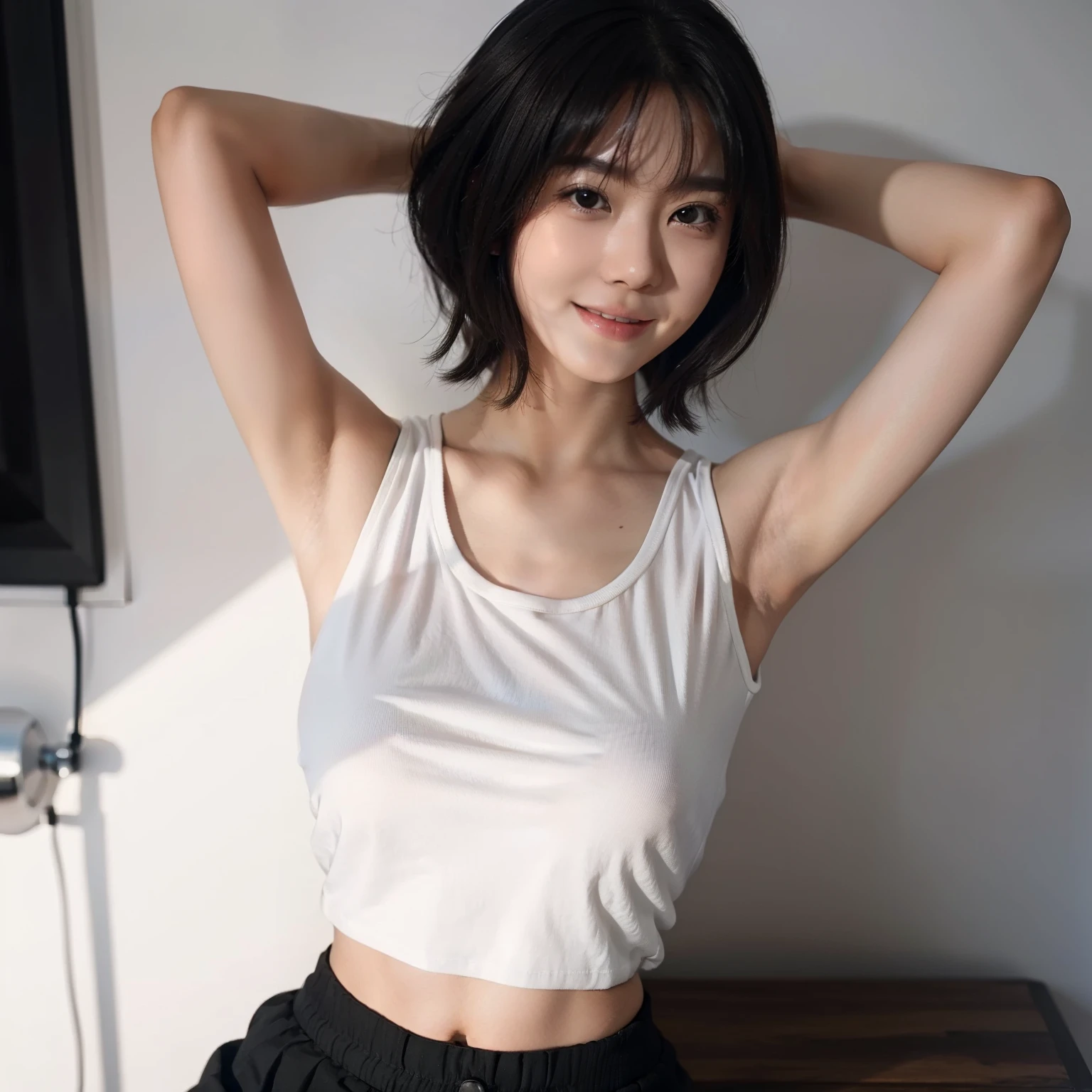 1 girl, big boobs, white tank top, black short miniskirt,bob hairstyles, smooth armpits, 18 year old japanese girl, ultra high res, 70mm lens, thin smile