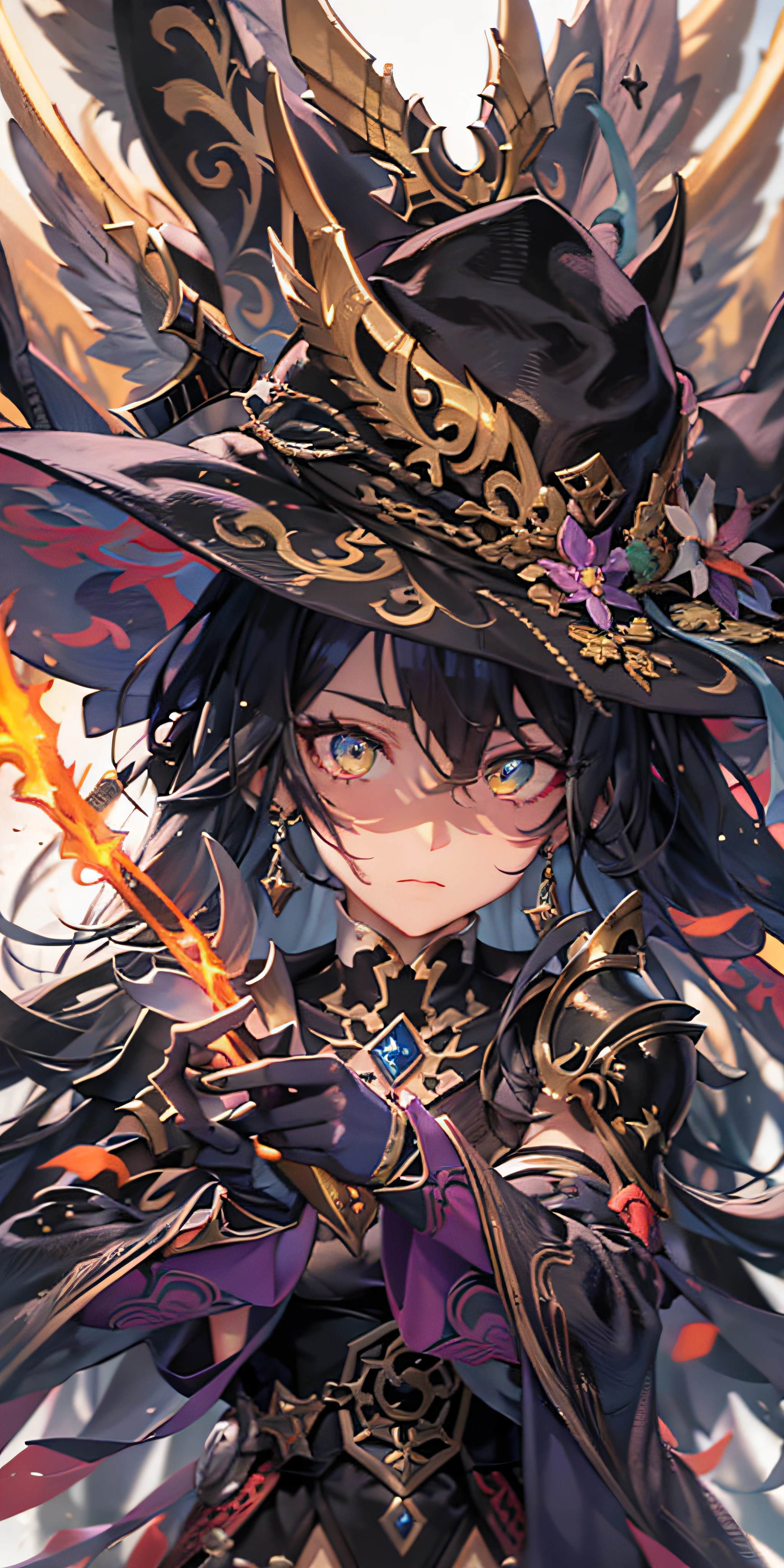 Anime figure，Dark villain，Beauty side face，Long hair flying，（golden headdress），Two teenage girls back to back，（Simple helmet）Spark ashes burn，The samurai held a sword, Wear contrasting armor, The whole picture of the witch and the witch skeleton,（standing full-body），（（Faraway view）），（HD8K），ultra-wide-angle，The background is gorgeous，the original god, demon anime girl, Angel anime girl，fantasy paladin man, Dragon Knight,Spread your black feathered wings，Mobile Genshin Impact, Anime 8 k, Anime fantasy illustration, Genshin Impact, Tough and cold character, Detailed key anime art, Ayaka Genshin impact, onmyoji portrait，Close-up of shooting random weapons, Comic book epic artwork, Epic fantasy digital art style,Epic fantasy art style, 8K high quality detailed art, Epic fantasy art style HD, Faraway view，Behind him，This is a golden glowing magic array。，Purify the flame，HD anime visuals，full portrait of magical knight