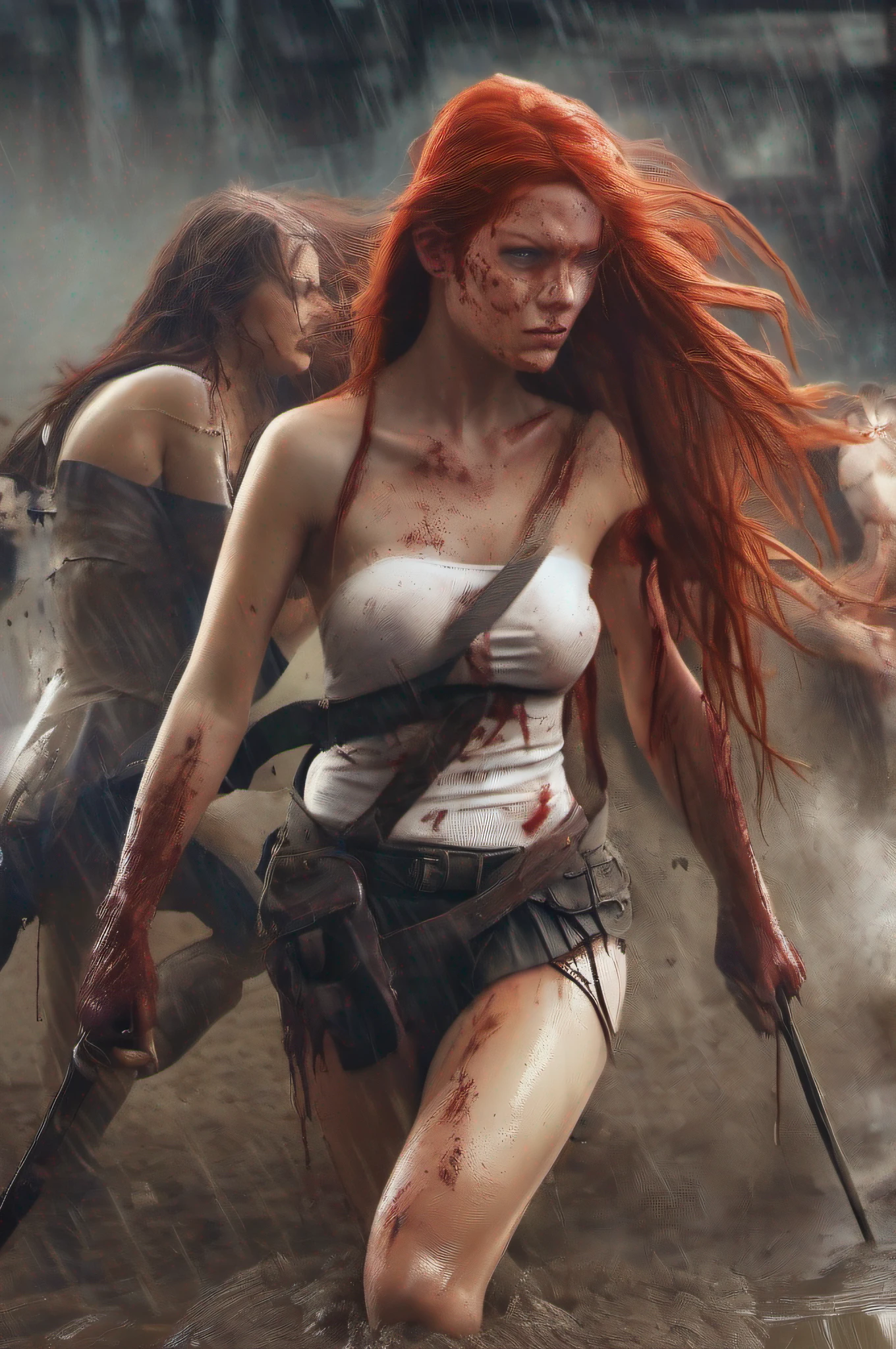 Five white red-haired naked beautiful women with very long hair, full of mud, blood, and wounds. they fight each other barehanded in the mud a the rain puddles of the streets of the destroyed city and it's raining ridiculously hard and heavy stormwind.