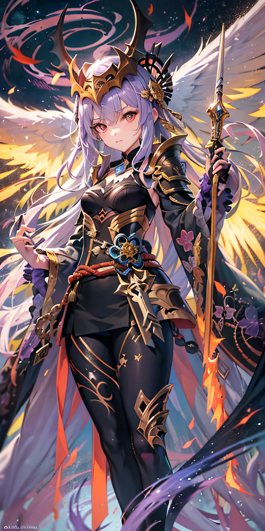 Anime figure,Dark villain,Beauty side face,Long hair flying,(golden headdress),Two age girls back to back,(Simple helmet)Spark ashes burn,The samurai held a sword, Wear contrasting armor, The whole picture of the witch and the witch skeleton,(standing full-body),((Faraway view)),(HD8K),ultra-wide-angle,The background is gorgeous,the original god, demon anime girl, Angel anime girl,fantasy paladin man, Dragon Knight,Spread your black feathered wings,Mobile Genshin Impact, Anime 8 k, Anime fantasy illustration, Genshin Impact, Tough and cold character, Detailed key anime art, Ayaka Genshin impact, onmyoji portrait,Close-up of shooting random weapons, Comic book epic artwork, Epic fantasy digital art style,Epic fantasy art style, 8K high quality detailed art, Epic fantasy art style HD, Faraway view,Behind him,This is a golden glowing magic array。,Purify the flame,HD anime visuals,full portrait of magical knight