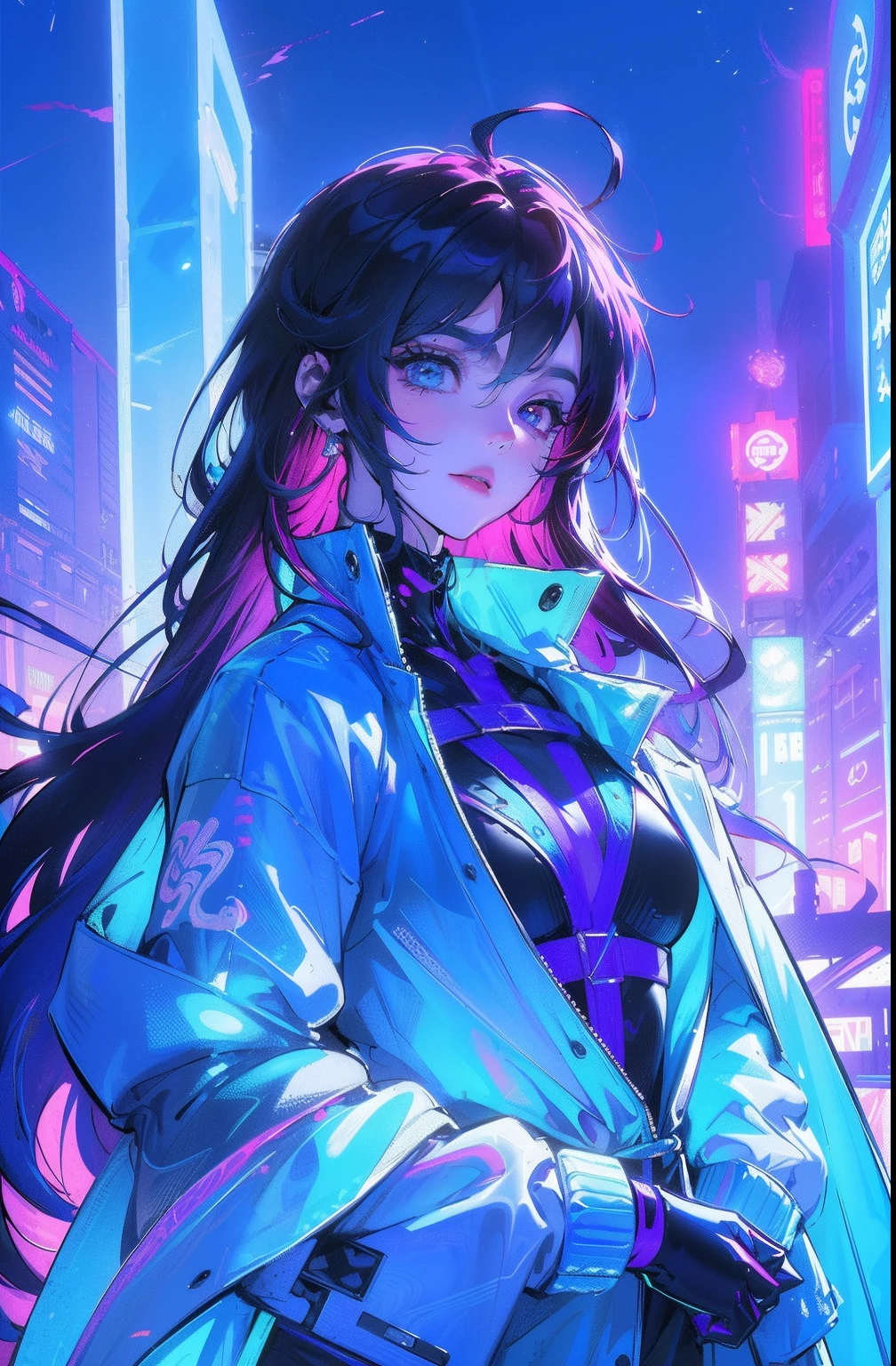 Facing the audience,(Masterpiece, Top quality, Best quality, offcial art, Beautiful and aesthetic:1.2),(Blue-violet Neon Lighting), (Vibrant glow), Dynamic colors, Striking contrast, futuristic vibe, electric energy,shiny reflective surfaces,(Cityscape:1.3),8K,offical wallpaper, 最好质量,It's best to draw style,