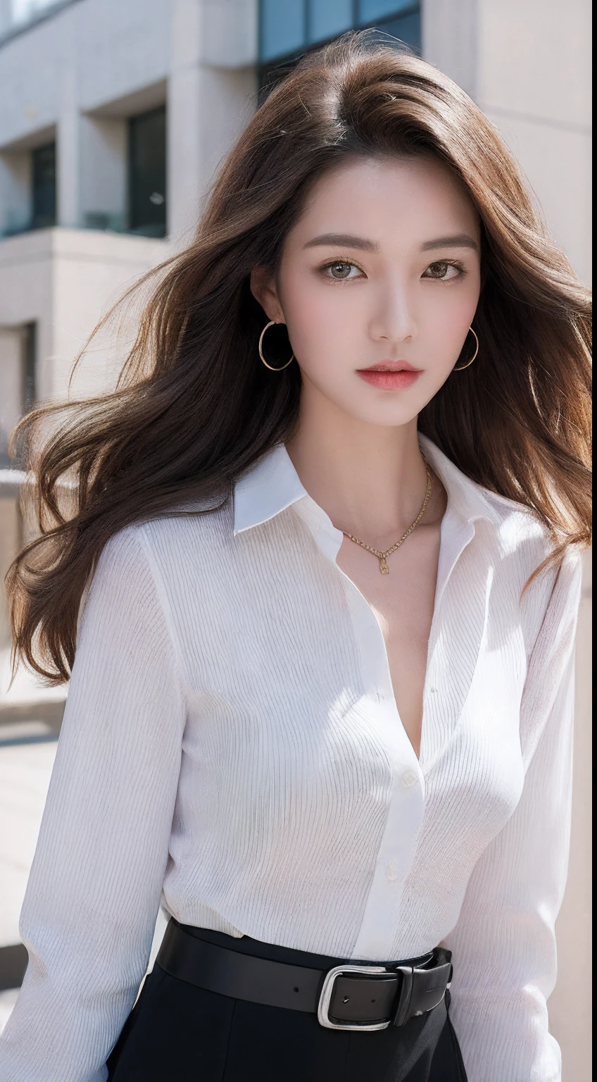 (Best quality, High resolution, Masterpiece :1.3), A tall and pretty woman, Slender abs, Dark brown hair styled in loose waves, Breasts, Wearing pendant, White button up shirt, Belt, Black skirt, (Modern architecture in background), Details exquisitely rendered in the face and skin texture, Detailed eyes, Double eyelid