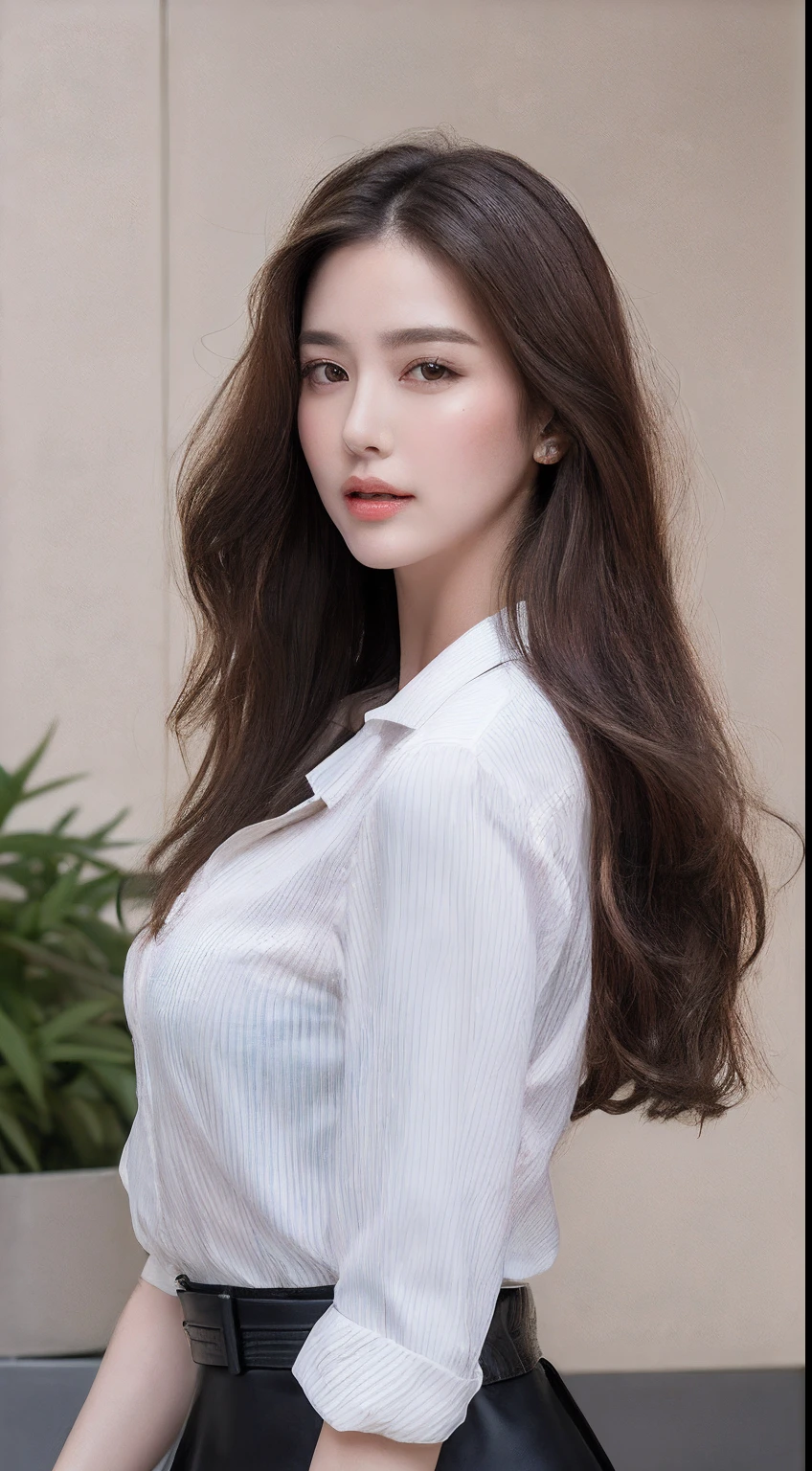 (Best quality, High resolution, Masterpiece :1.3), A tall and pretty woman, Slender abs, Dark brown hair styled in loose waves, Breasts, Wearing pendant, White button up shirt, Belt, Black skirt, (Modern architecture in background), Details exquisitely rendered in the face and skin texture, Detailed eyes, Double eyelid