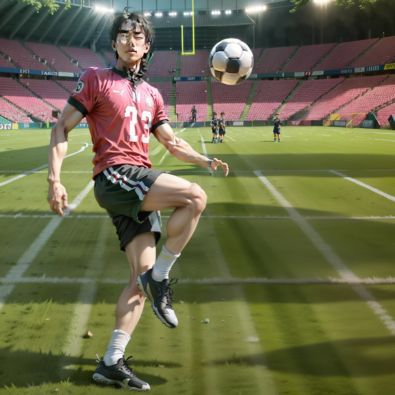 (soccer court,green meadows,foreigner,Handsome:1.1),vividness,dyna,and the sun was shining brightly,A handsome foreigner on a wide football field,Every kick he plays is like a work of art。The green meadows look even greener in the sunlight,Adds life and vibrancy to the whole scene。He wears a sports outfit,Feet on black football boots,His every movement is smooth and powerful。The football was like a beating heart at his feet,He deftly controls the football,Stop every now and then,Breaking through from time to time,Shooting from time to time。His posture shows his skill and strength,His face was filled with confidence and determination,He was the focal point on that football field,Everyone was amazed by his performance。(hyper-detailing)