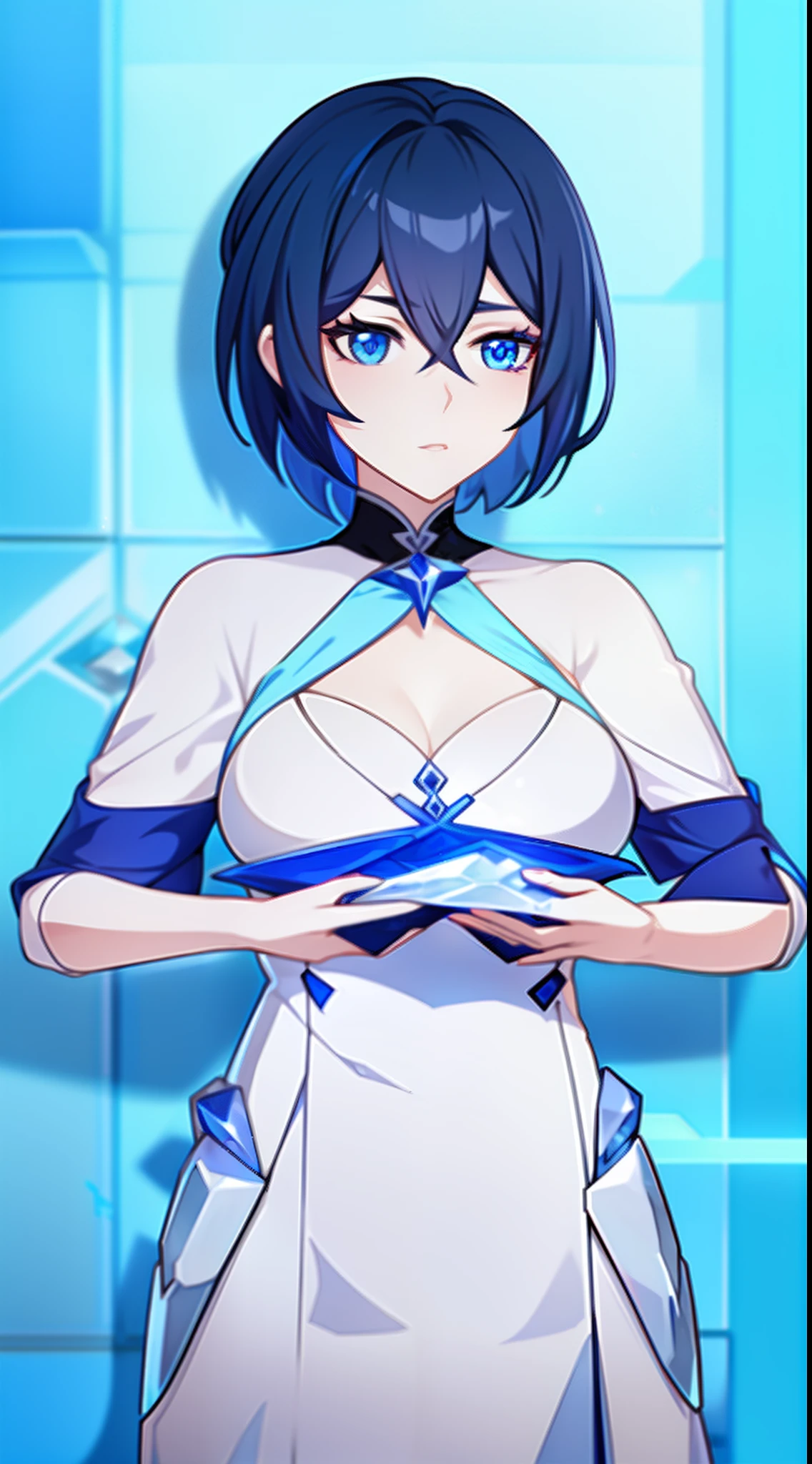 Adult woman, Short blue hair, blue eyes, big breastes, pale skin, Ice Crown, ice dress, Cold, emotionless look, blue lipstick, Masterpiece, hiquality
