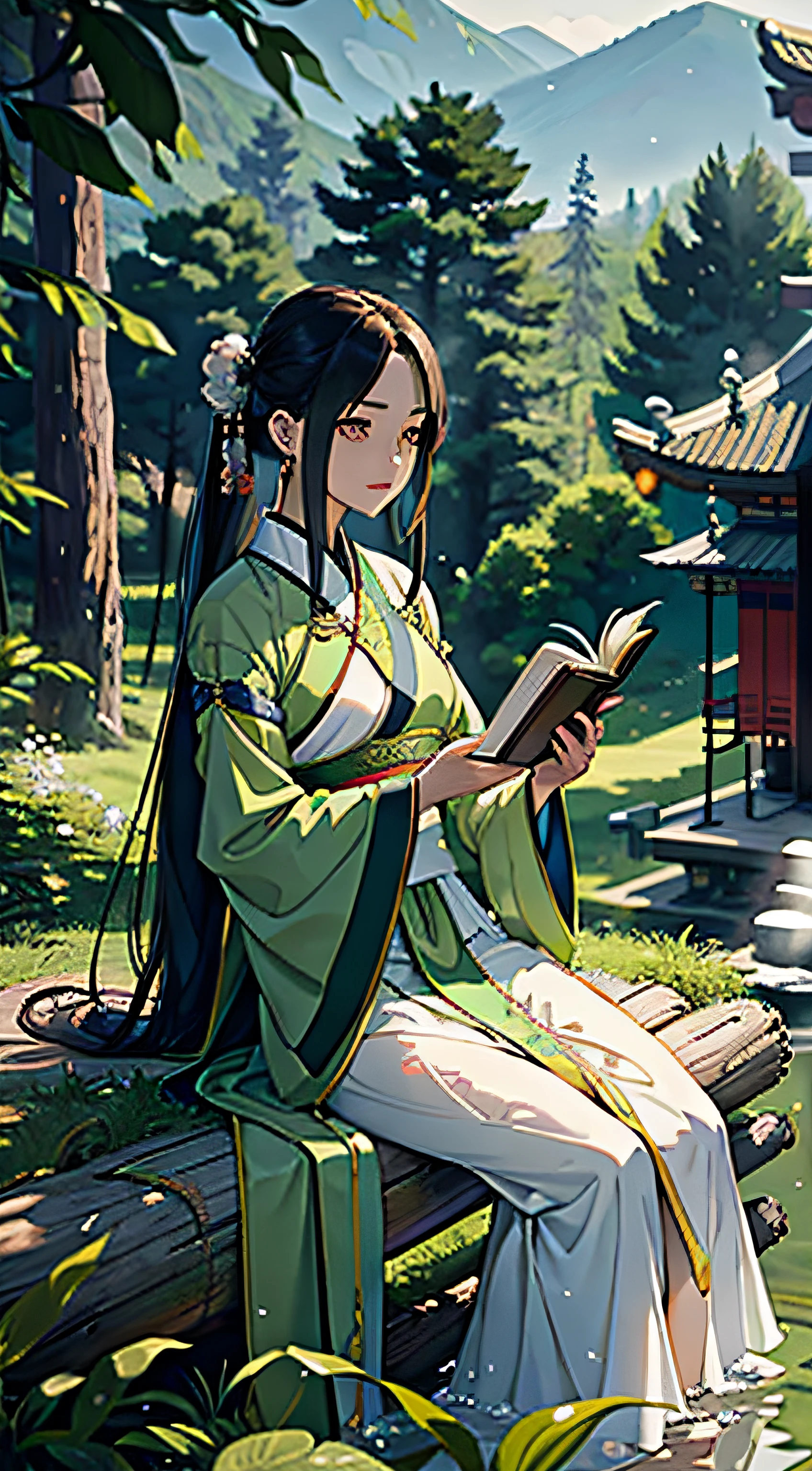 Arapei woman in green dress sitting on log reading a book, Palace ， A girl in Hanfu, Hanfu, wearing a long flowing robe, Flowing robes, White Hanfu, Traditional Chinese clothing, flowing hair and long robes, Wearing ancient Chinese clothes, with acient chinese clothes, flowing magical robe, dressed with long fluent clothes, wearing a long flowing robe