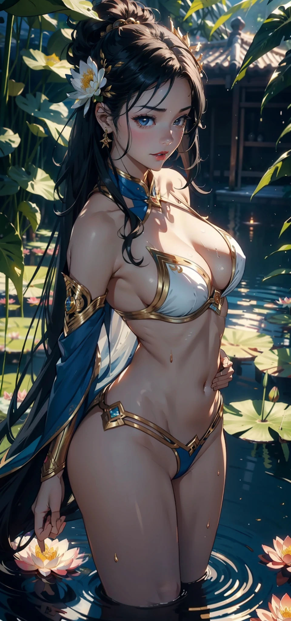 1female,36 years old,Bigchest,Raised sexy,Pornographic exposure, 独奏,(Background with:Surrounded by lotus flowers,bamboo forrest,Lotus pond,lotuses,lotus flower,china rose,rosette,chrysanthemums) She has short black hair,standing on your feet,Sweat profusely,drenched all over the body,seen from the front, hair straight, mostly cloudy sky,(((tmasterpiece),(Very detailed CG unity 8K wallpaper),best qualtiy,cinmatic lighting,detailed back ground,beatiful detailed eyes,Bright pupils,(Very fine and beautiful),(Beautiful and detailed eye description),Black eyes,Redlip,ultra - detailed,tmasterpiece,)),facing at camera,(The upper part of the body),A high resolution,ultra - detailed),revealing breasts,Bare genitalia, Bulge,legs are open,sexyposture,Camel toes,Flushed complexion,Open-mouthed,frontage,A ball head,Gold Saint Seiya,Lotus hair ornaments(Wearing:Blue streamer surrounds,Armour,Gold wire embroidery,Superman uniform)
