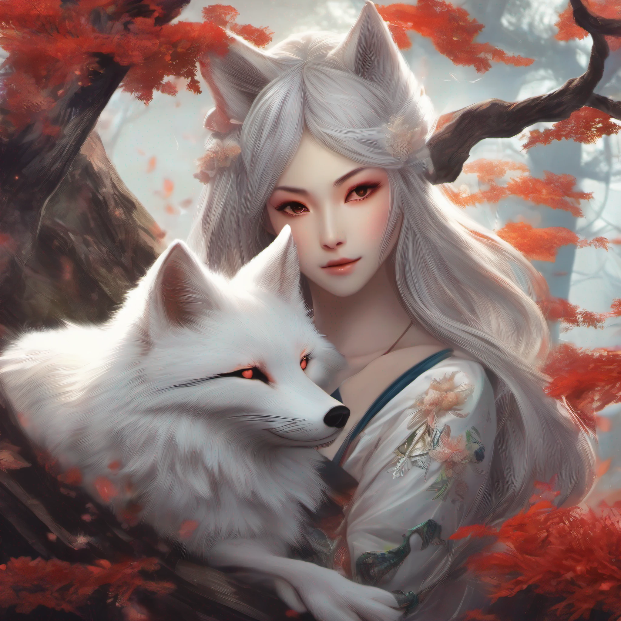 send，tmasterpiece，beautifuldetails，Extremely colorful，Exquisite details，Delicate lips，The details are complex，Realiy，Ultra photo realsisim，A girl and a white-haired fox sit on a branch：1.1，Raised sexy，seductiv，ethereal fox，nine tail fox，Fox three-tailed fox，Onmyoji detailed art，Nine tails，A beautiful artwork illustration，mythological creatures，red fox，Beautiful digital artwork，Exquisite digital illustration，mizutsune , Inspired by the mythical creature wildnet，Digital art on Pixiv，strong lights，hight contrast，Horror movie theme，Dark atmosphere