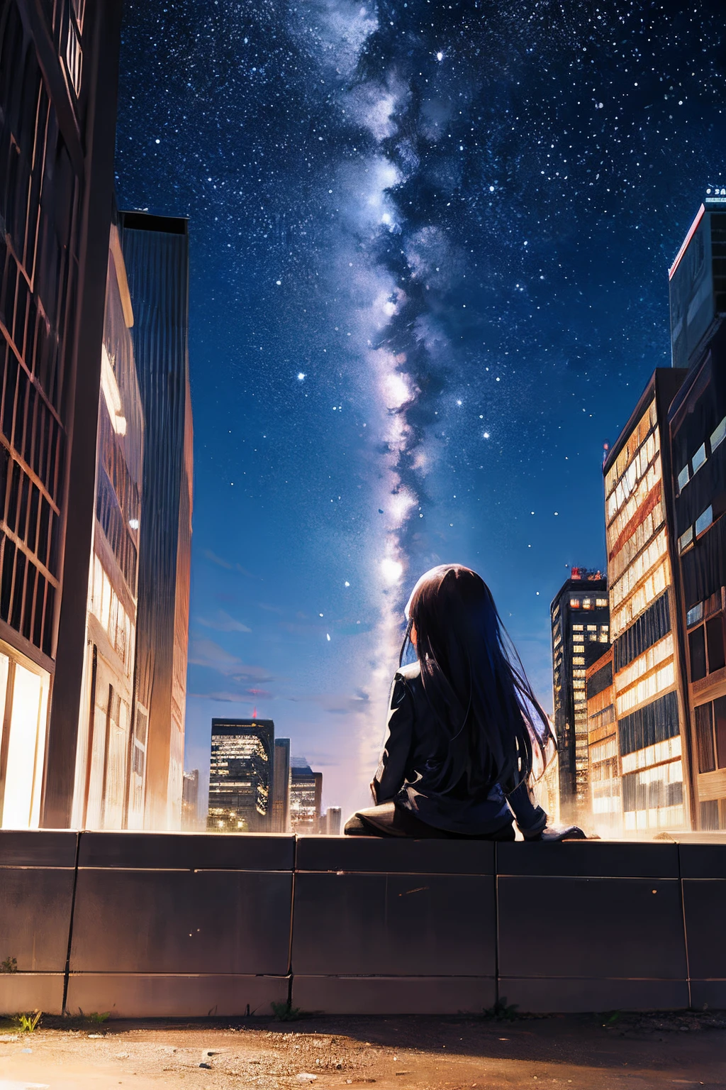 octans, sky, star (sky), scenery, starry sky, night, 1girl, night sky, solo, outdoors, building, cloud, milky way, sitting, tree, long hair, city, silhouette, cityscape
