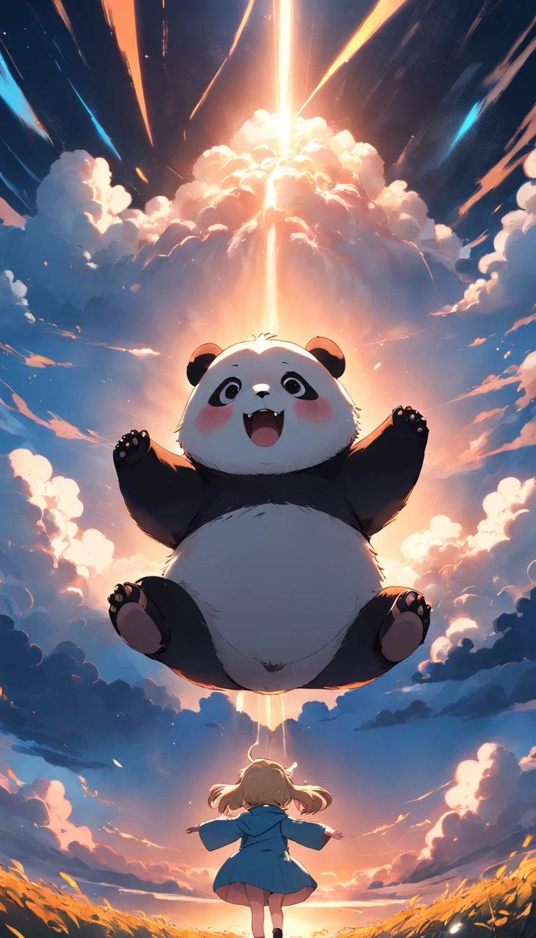 tmasterpiece, best qualityer, cinematic Film still from, 1panda, Panda Cloud, floating into the sky, Close-up, brightly, cheerfulness, Soft lighting and warmth, Sun sunset, (spark of light: 0,7)