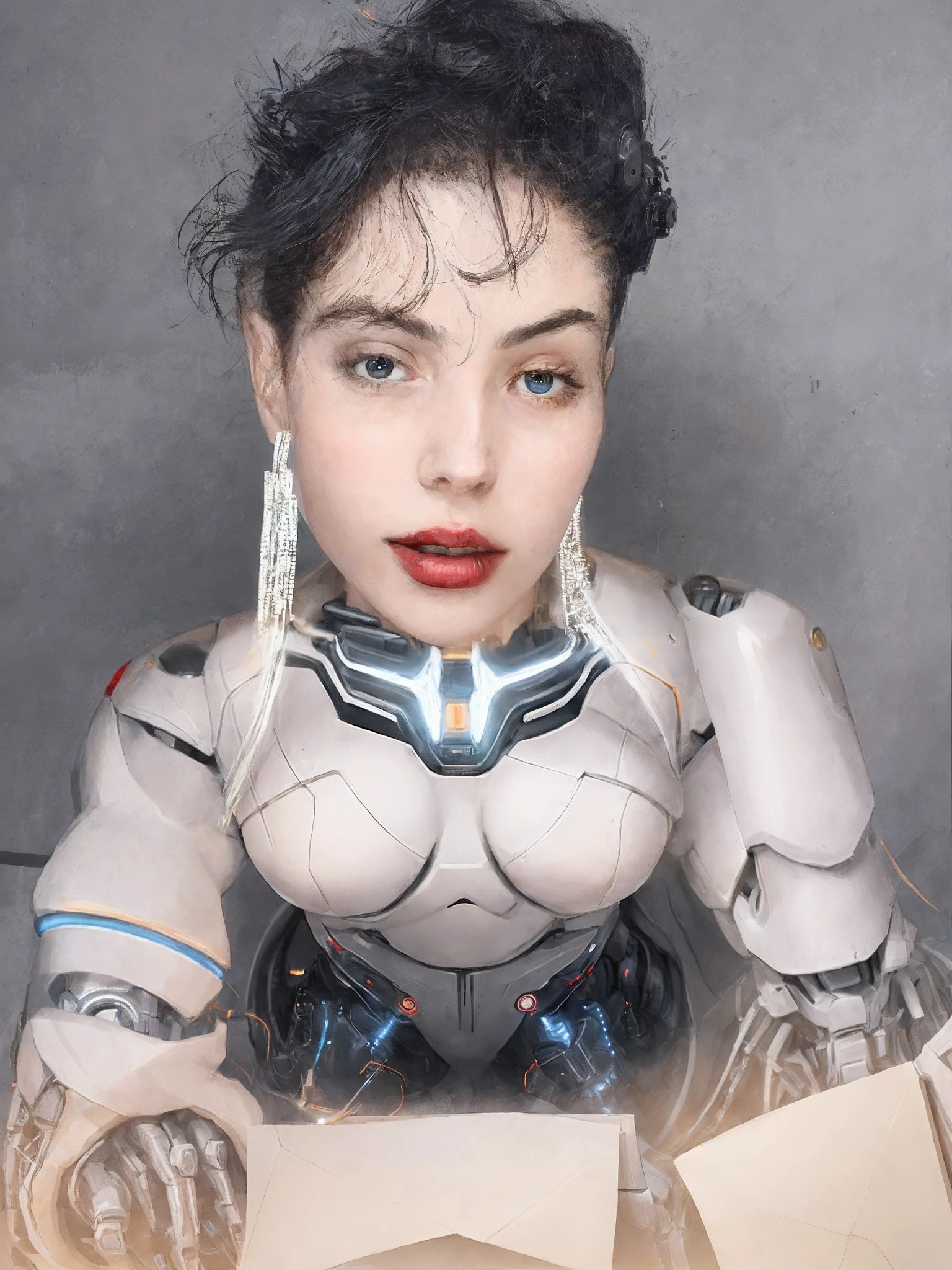 crossed mechanical cybernetic arms holding an old letter