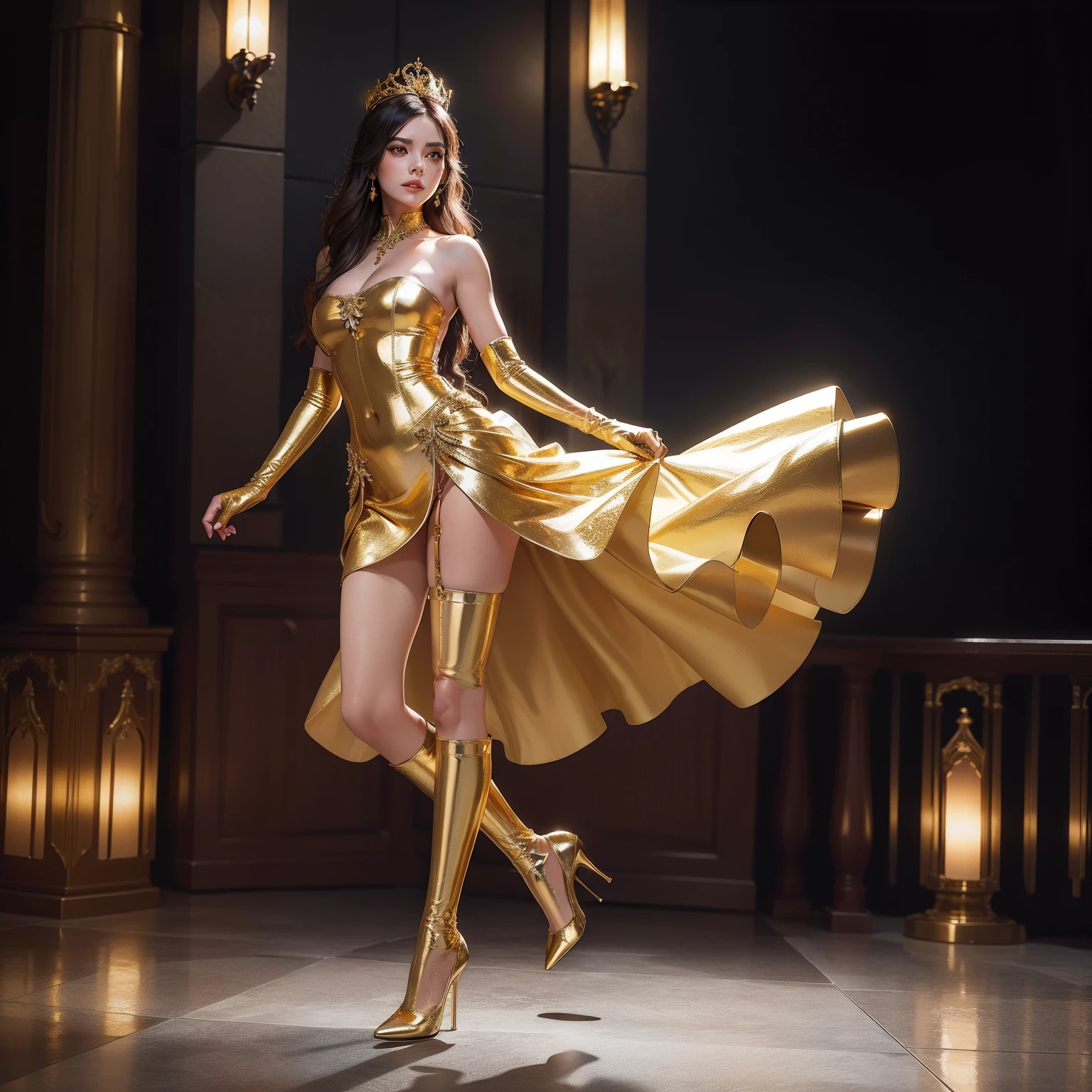 Full figure, seven -clinging shooting, statue wearing transperent science fiction dress, exquisite faces, details, hands, ultimate details, amazing magnificence, LED internal lighting, Pedaipan style, fiber hair, glowing golden iris, glowing golden iris,show armpits,clean armpits,sexy post,sexy armpits,sweat armpits,more sweat,shiny armpits,less dress,small dress,oiled body,oiled suit,show nipples,tight fitting dress,spread legs,full body pose,close up,sexy body (((golden statue))) statue model